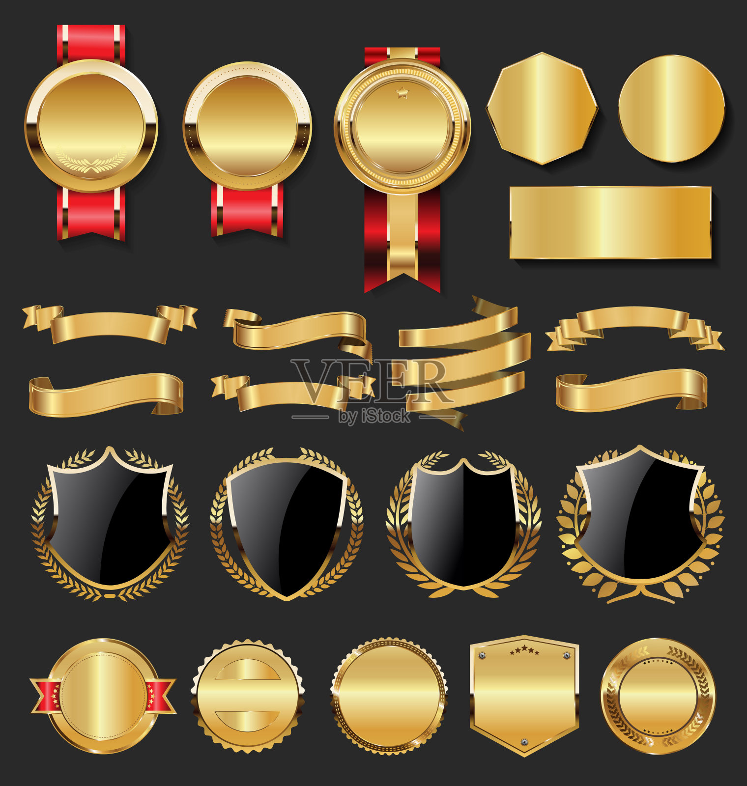收集的金徽章标签，桂冠，盾牌和金属板设计元素图片
