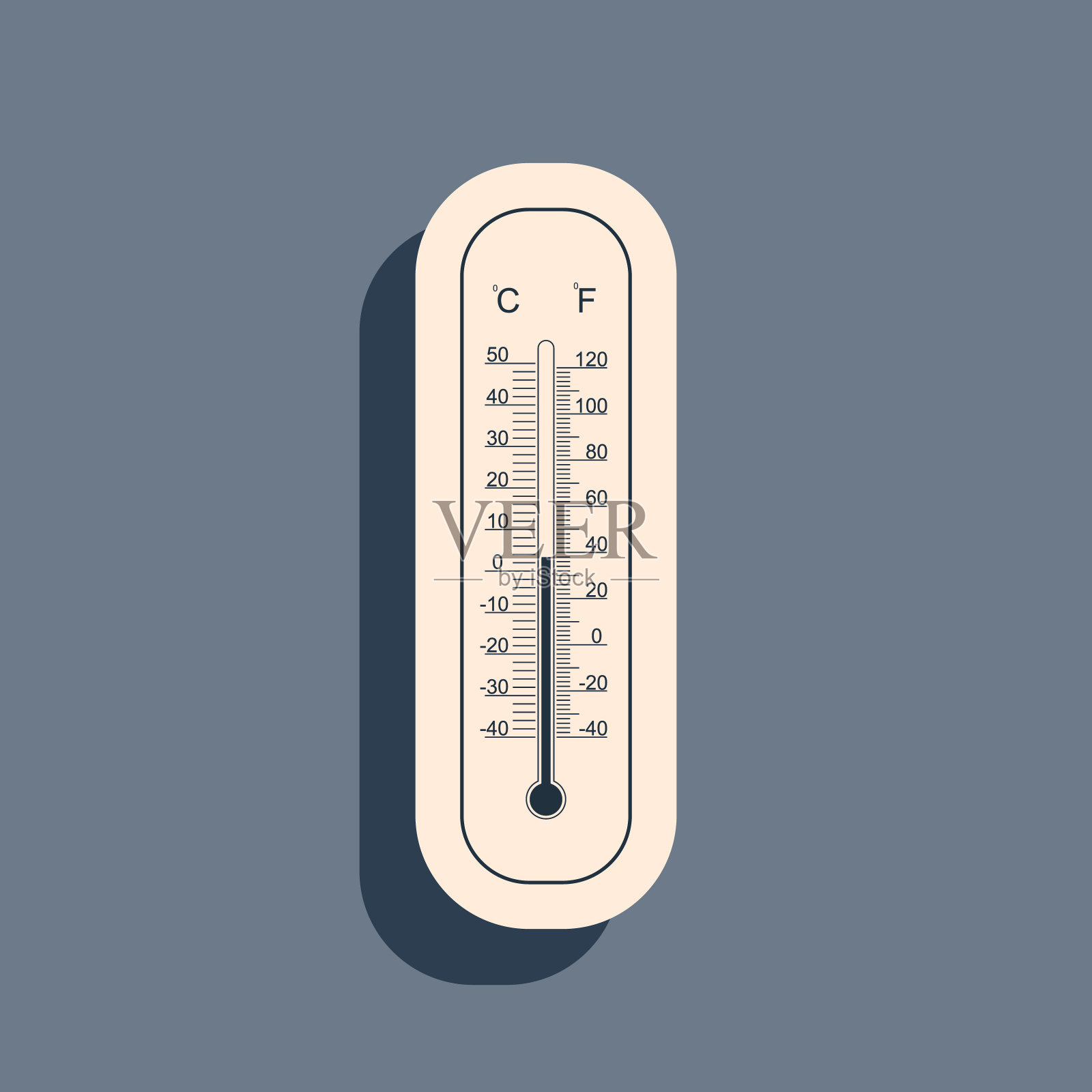 黑色摄氏和华氏气象温度计测量热和冷在灰色背景图标。显示冷热天气的温度计设备。长长的阴影风格。矢量图插画图片素材