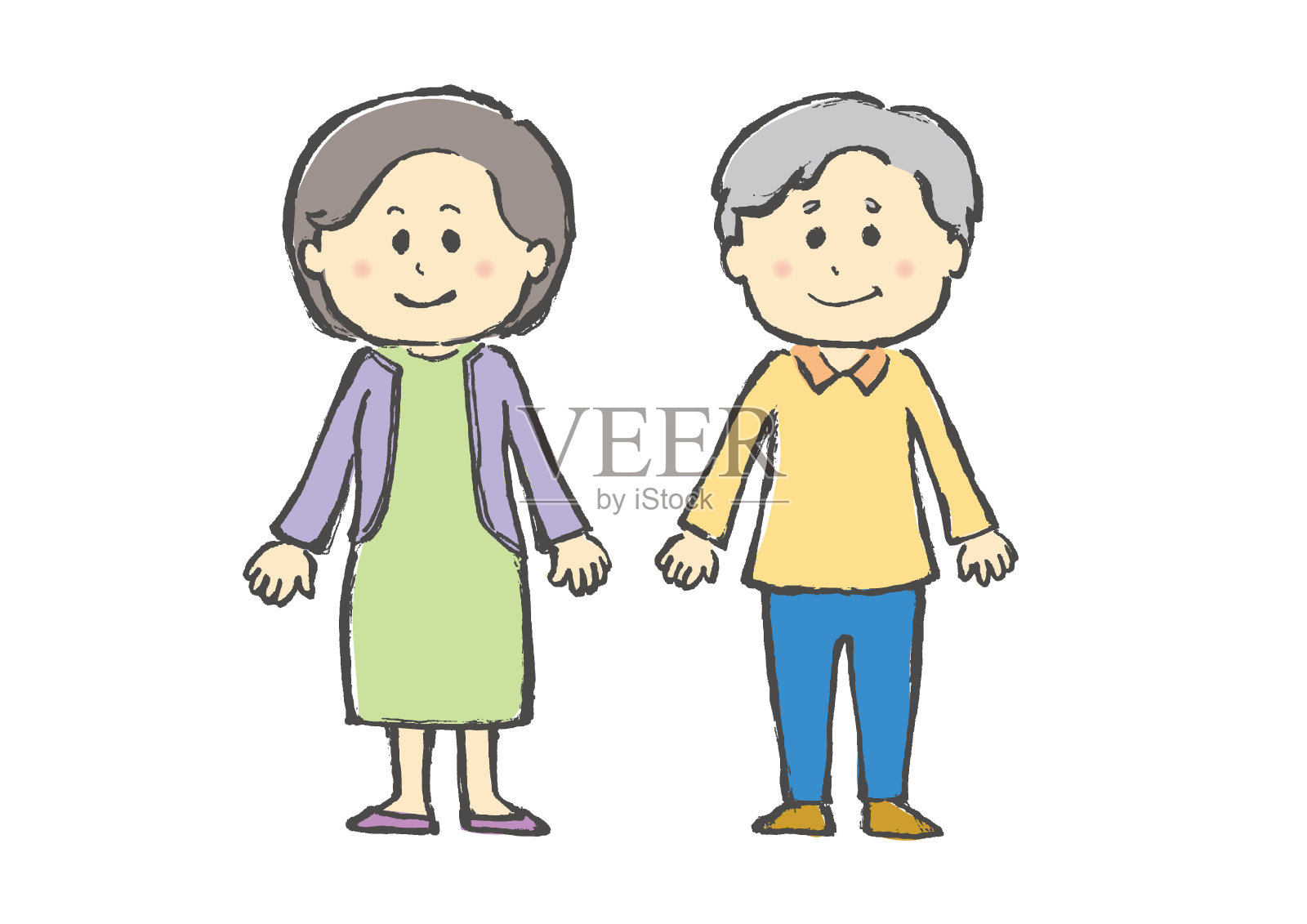 Person, Person, senior, old man, married couple, grandpa, grandma, old man, old woman, white back, white background，手绘，插画图片素材