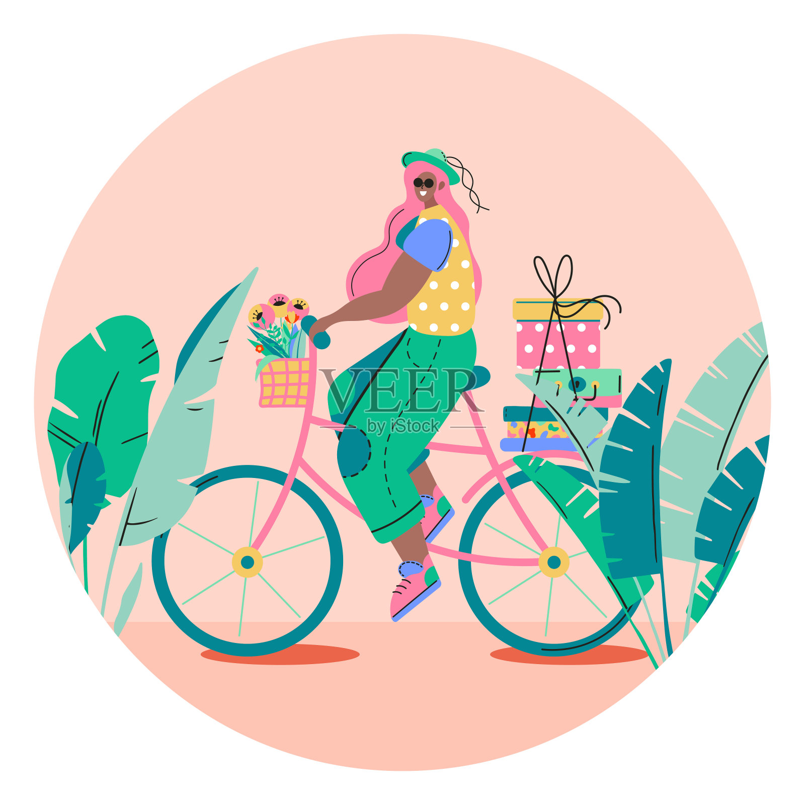 可爱的女孩穿着时髦的衣服骑着自行车，前面的花篮里放着一束鲜花。快乐的年轻女子骑自行车。可爱的女性骑自行车。你好夏天扁平卡通彩色矢量插图插画图片素材