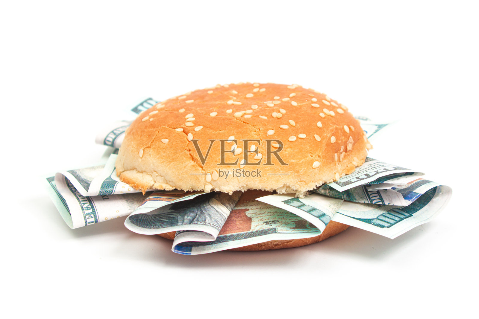 汉堡的百元大钞，而不是顶部的白色背景孤立照片摄影图片