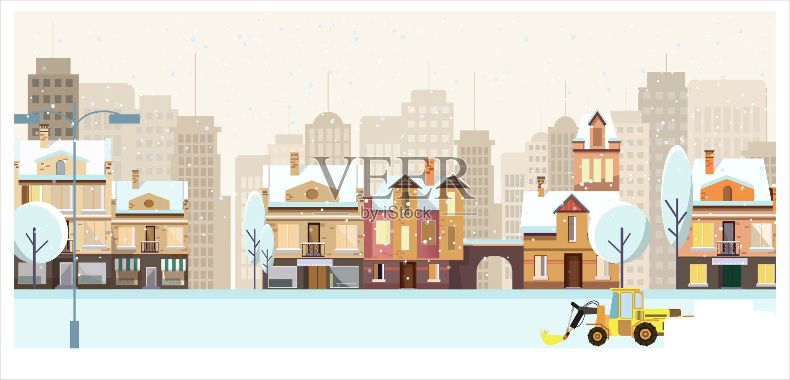 冬季城市景观与建筑，树木和扫雪机插画图片素材