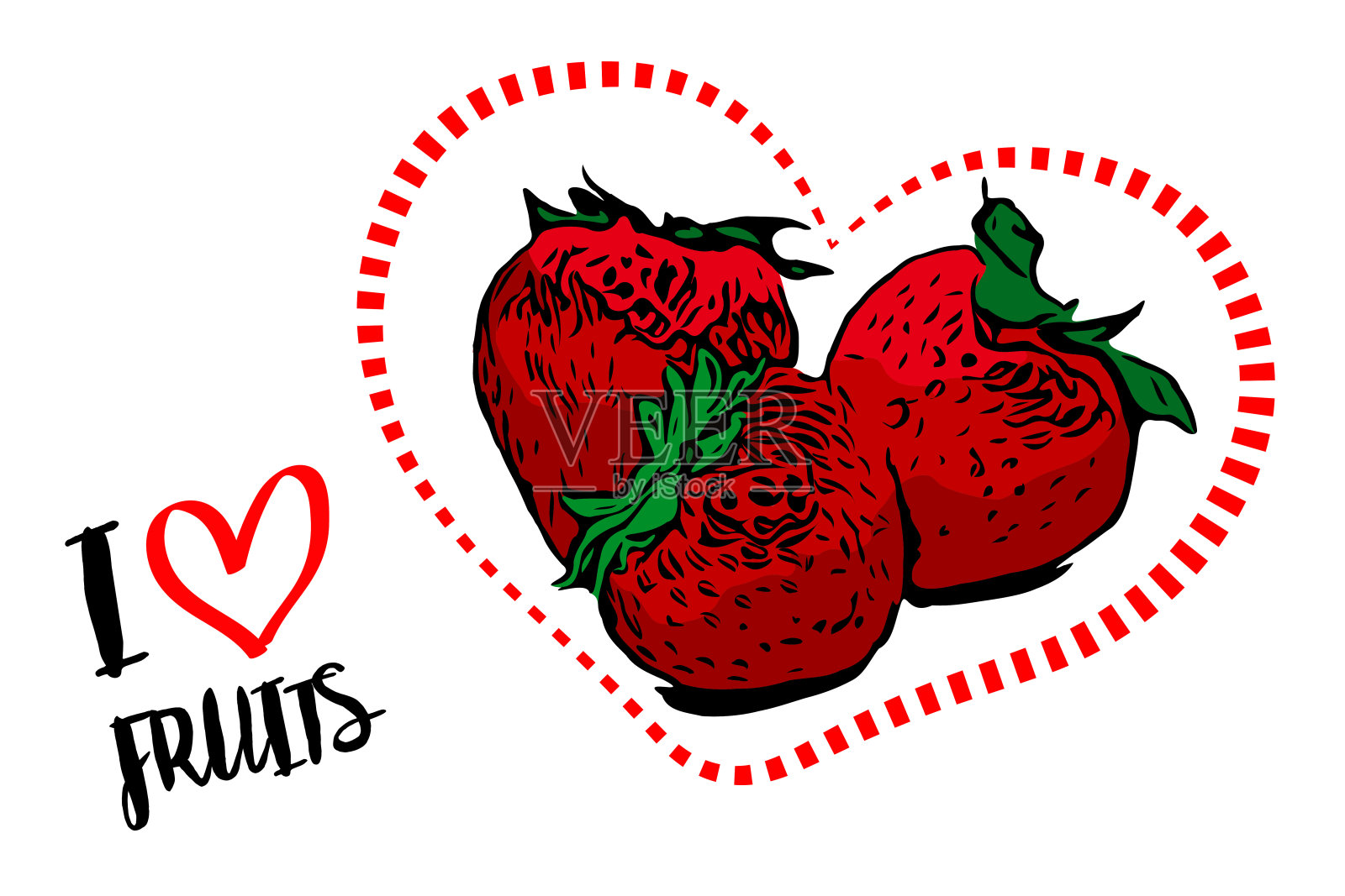 插图新鲜卡通红草莓内心形与我爱的水果文字设计元素图片
