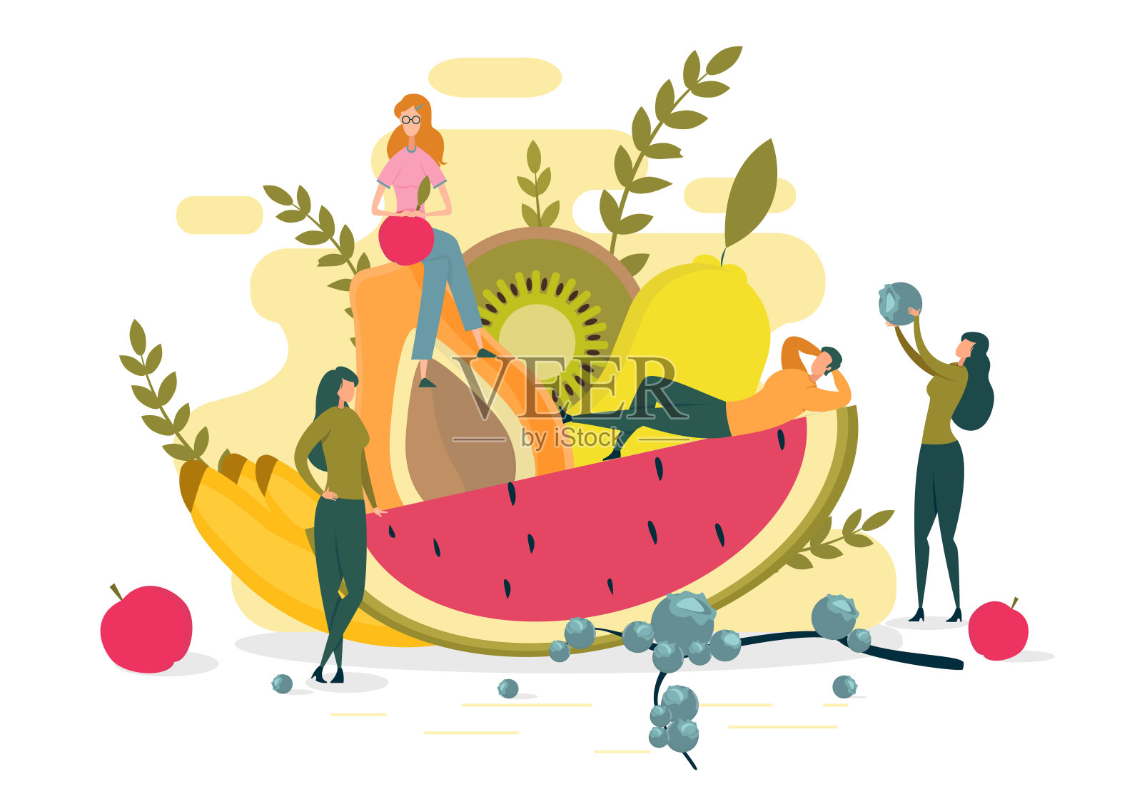 年轻人吃水果，健康的生活方式。插画图片素材