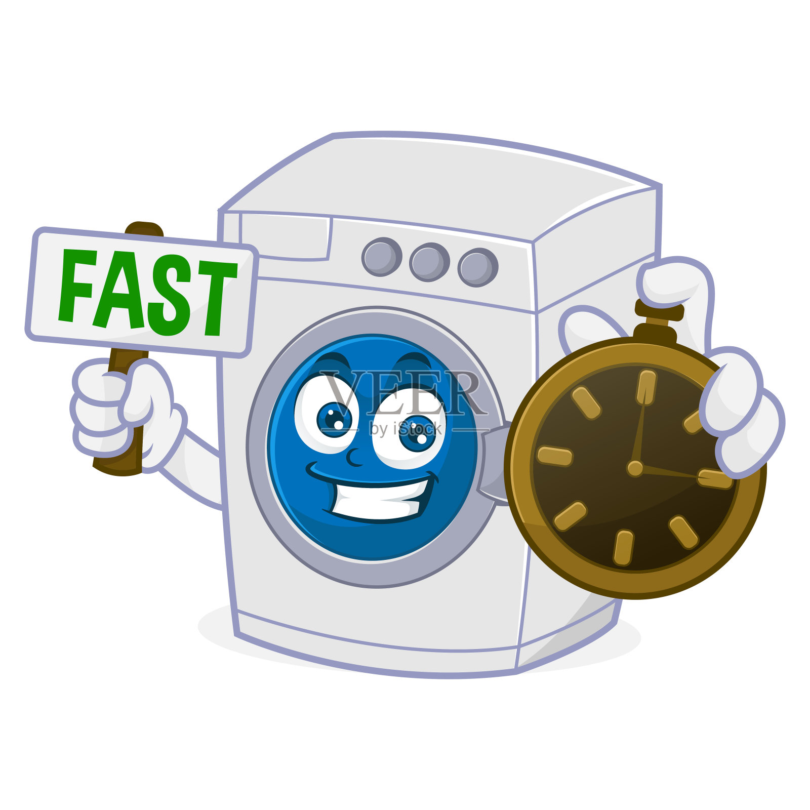 带有时钟和快速标志的洗衣机插画图片素材