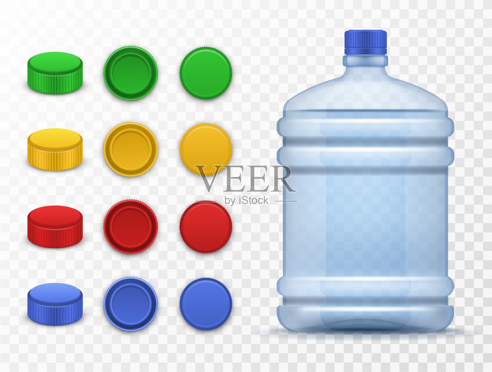 塑料瓶和瓶盖。包装饮料，容器存储液体，瓶子与水和彩色的三维模板向量模型插画图片素材