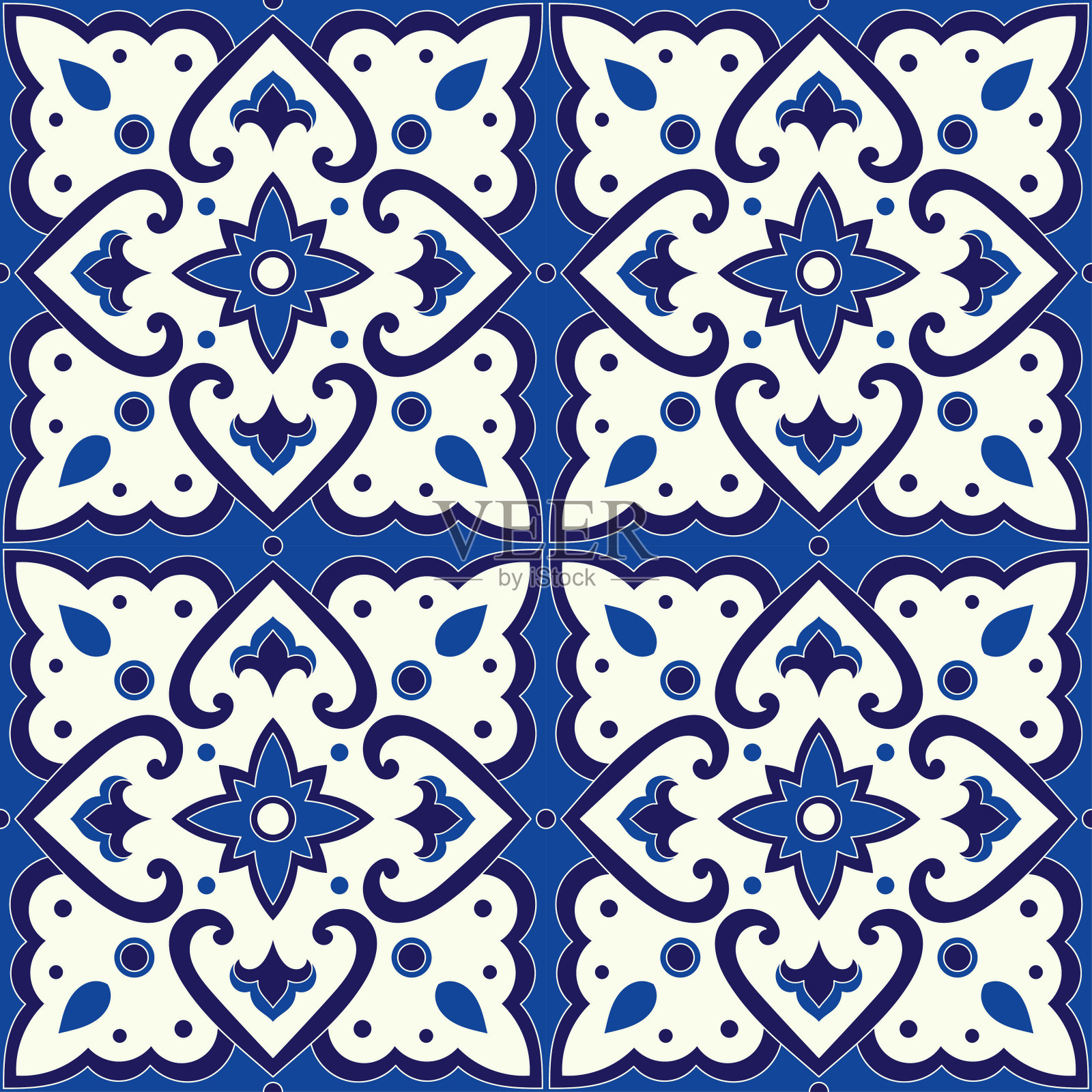 复古瓷砖图案矢量无缝与蓝色和白色的装饰品。墨西哥陶瓷图案纹理。珐琅镶嵌背景插画图片素材
