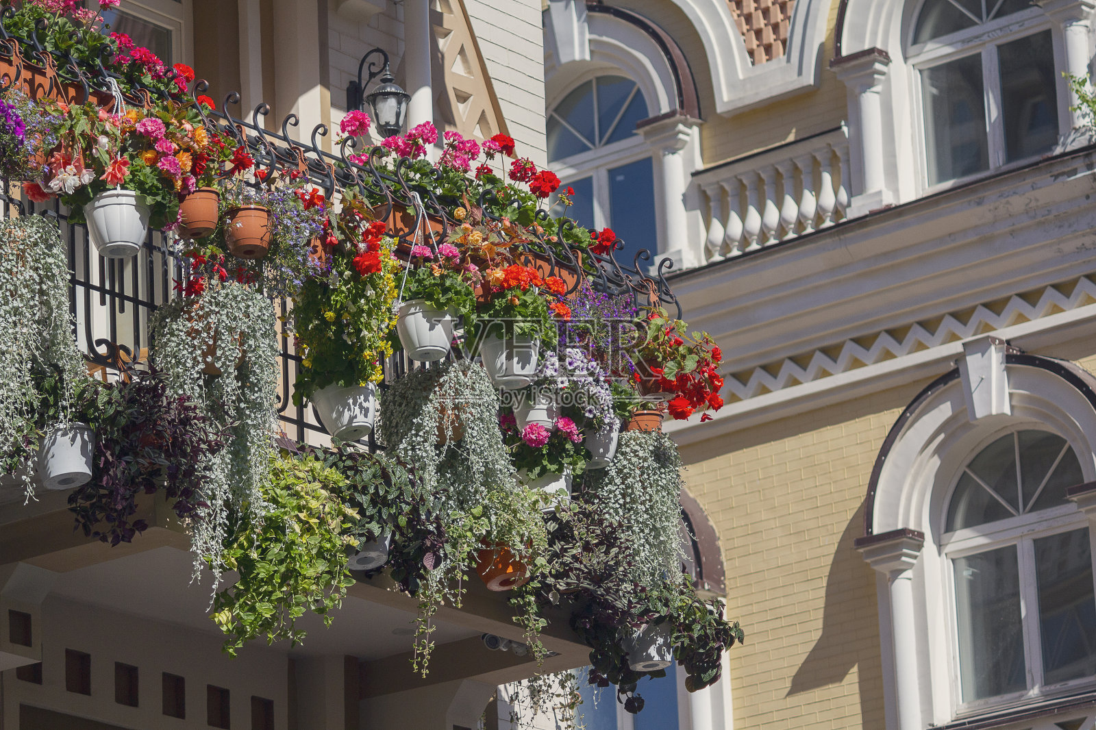 经典风格的豪宅阳台上的鲜花。体系结构照片摄影图片