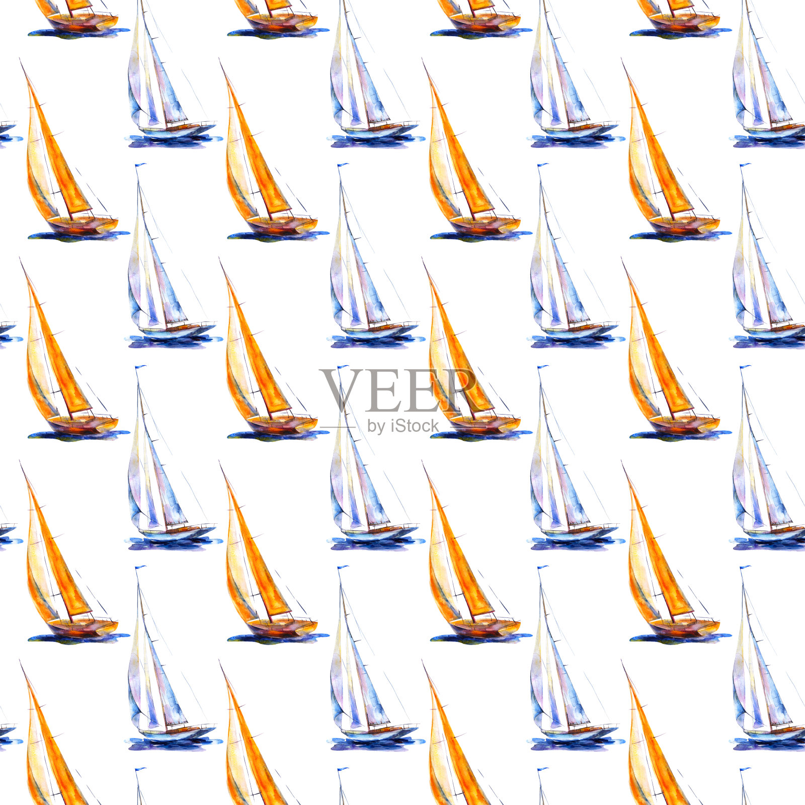 水彩手绘无缝模式帆船。黄色和蓝色的血管孤立在白色背景上。插画图片素材