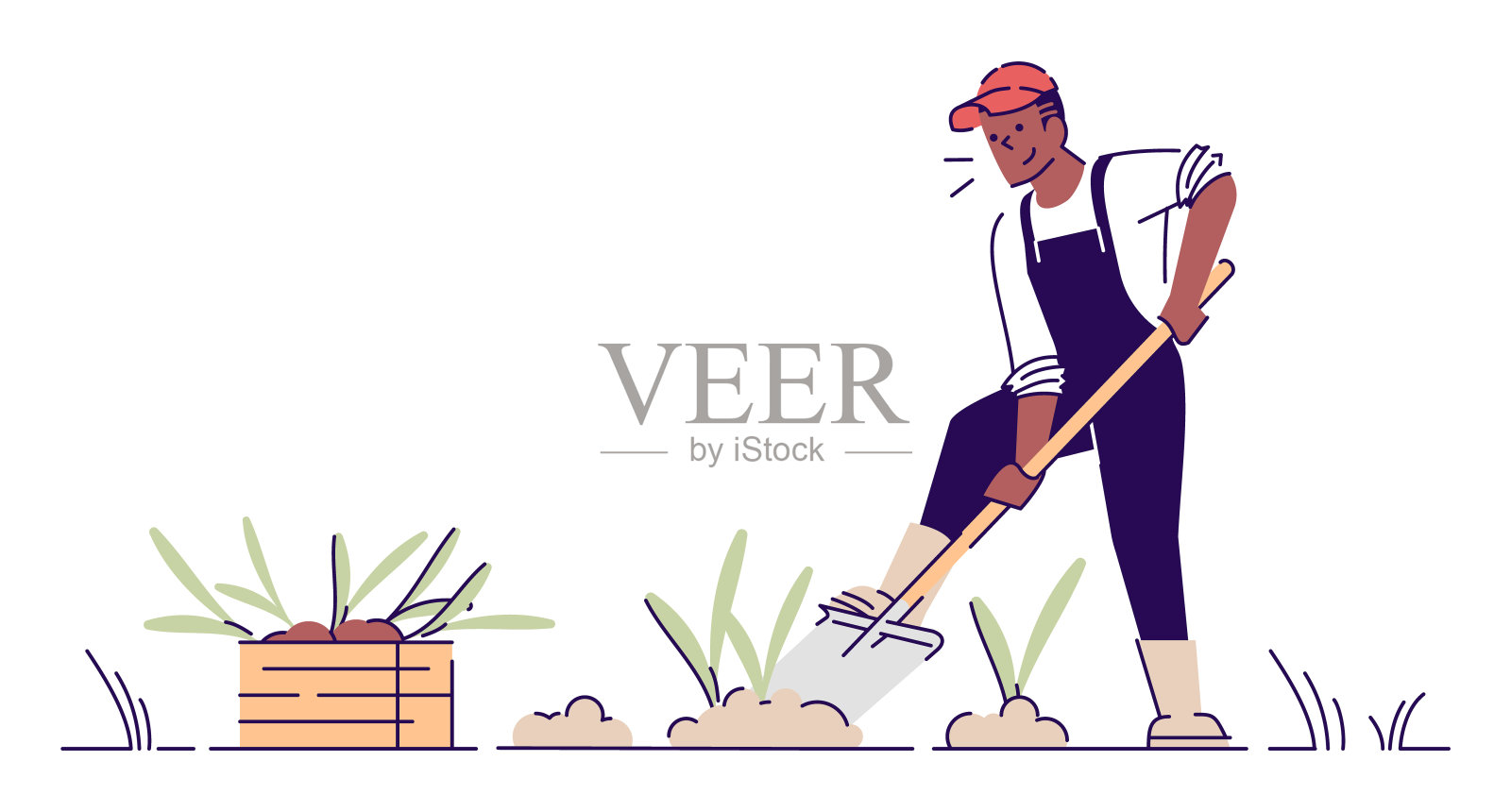农民挖出作物平面矢量特征。非裔美国人园艺卡通插图与轮廓。收获收集概念。园丁工作铲子孤立的白色背景设计元素图片
