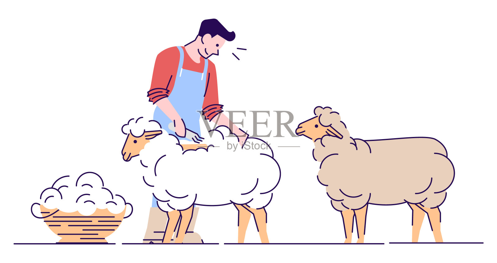 男性农民剪羊毛羊平病性状。羊毛生产。畜禽养殖，家养畜牧孤立卡通概念与大纲。剪羊毛的农场工人正在剪美利奴羊毛插画图片素材