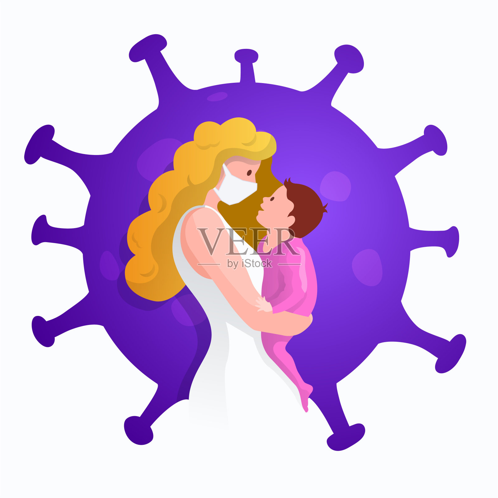 母亲和孩子佩戴口罩，预防新冠肺炎疫情。插画图片素材