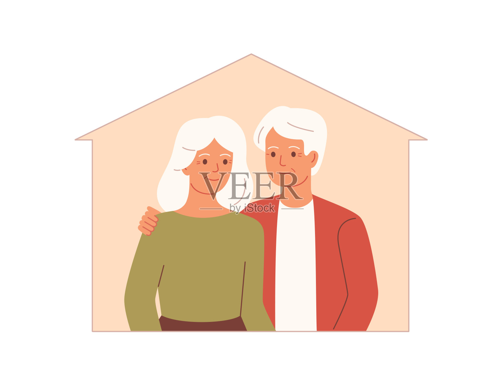 快乐的老人在自己的房子里互相拥抱。插画图片素材