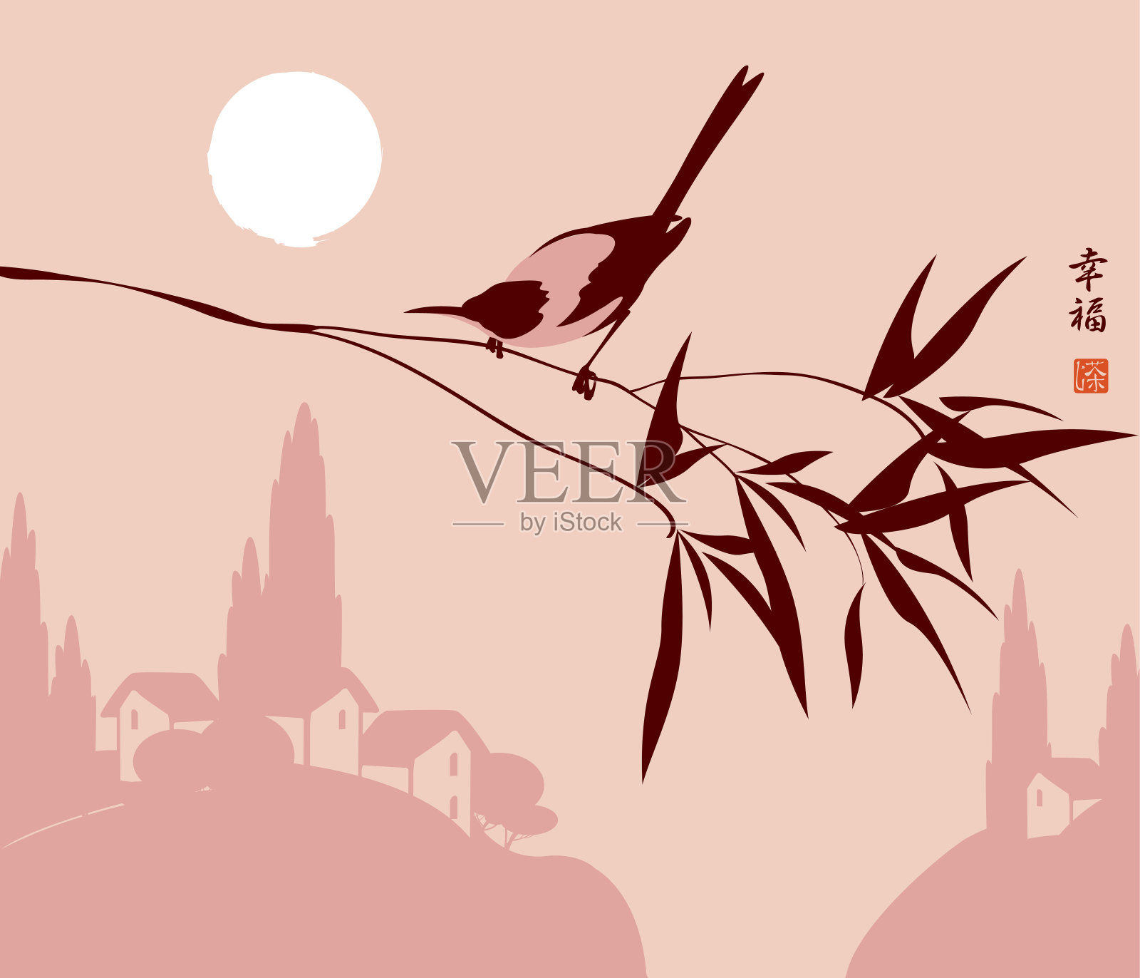 喜鹊在树枝上的中国景观插画图片素材