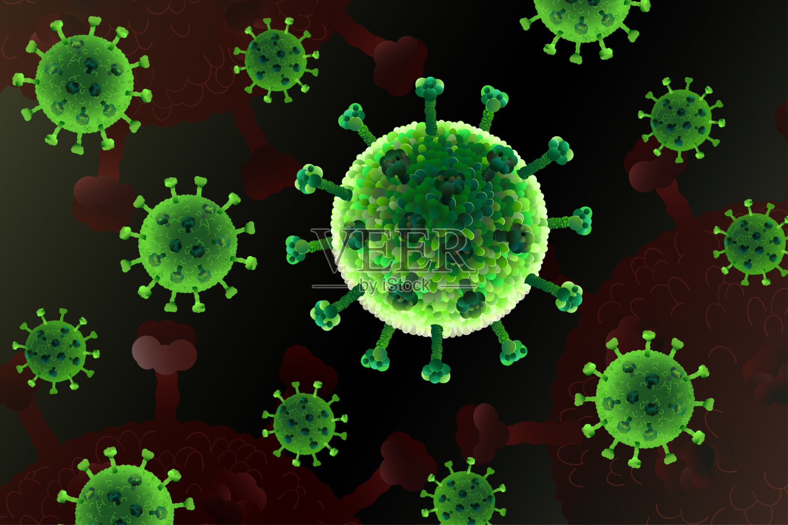 冠状病毒病COVID-19，危险的呼吸道感染，SARS-CoV-2。流感爆发，病原体流感或艾滋病毒，癌细胞。插画图片素材