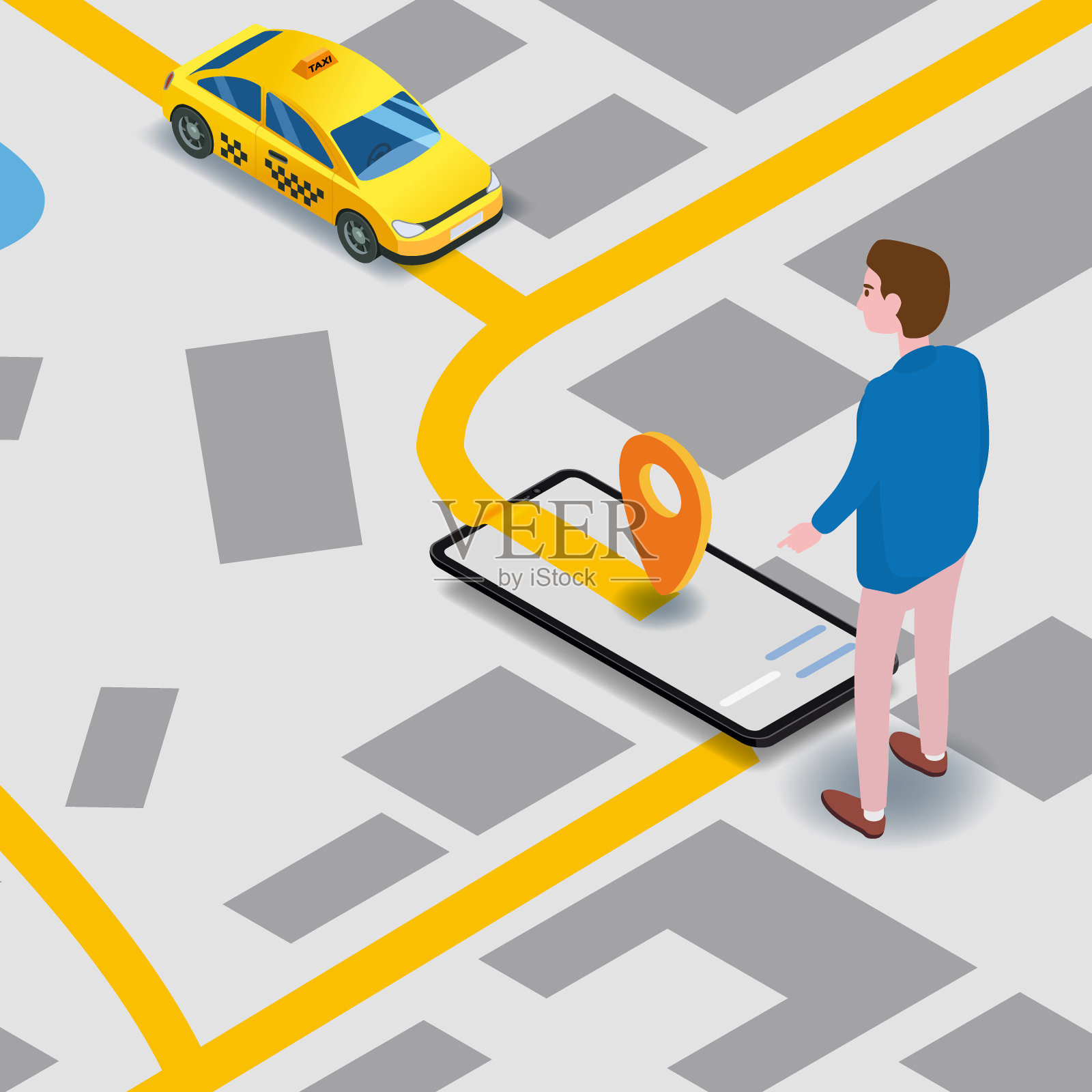 出租车服务等距。男子在智能手机屏幕附近用地图标出城市路线，并点出黄色汽车的位置。在线移动应用订车服务。矢量插图为出租车服务广告，推广插画图片素材