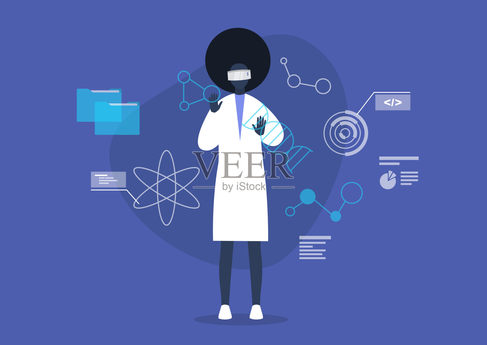 生物技术概念，年轻的黑人女科学家戴着VR头戴，分子和信息图的数字图像插画图片素材
