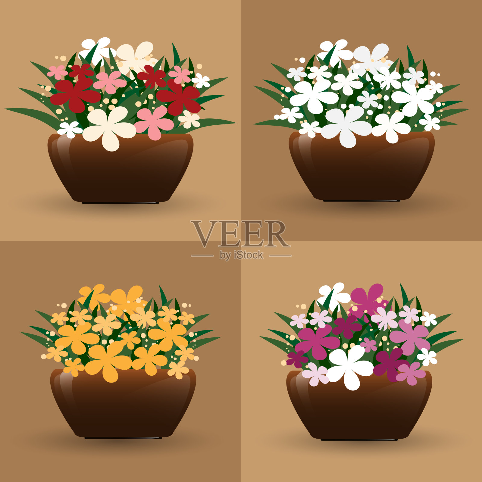 一套花盆孤立在浅棕色的背景，四色调的花在盆收集为园丁和花商小型企业。矢量插图。插画图片素材