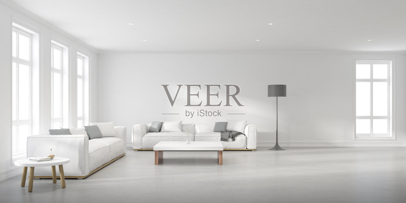 白色沙发和混凝土墙面边桌的现代客厅视角，极简的斯堪的纳维亚设计。3 d渲染。照片摄影图片