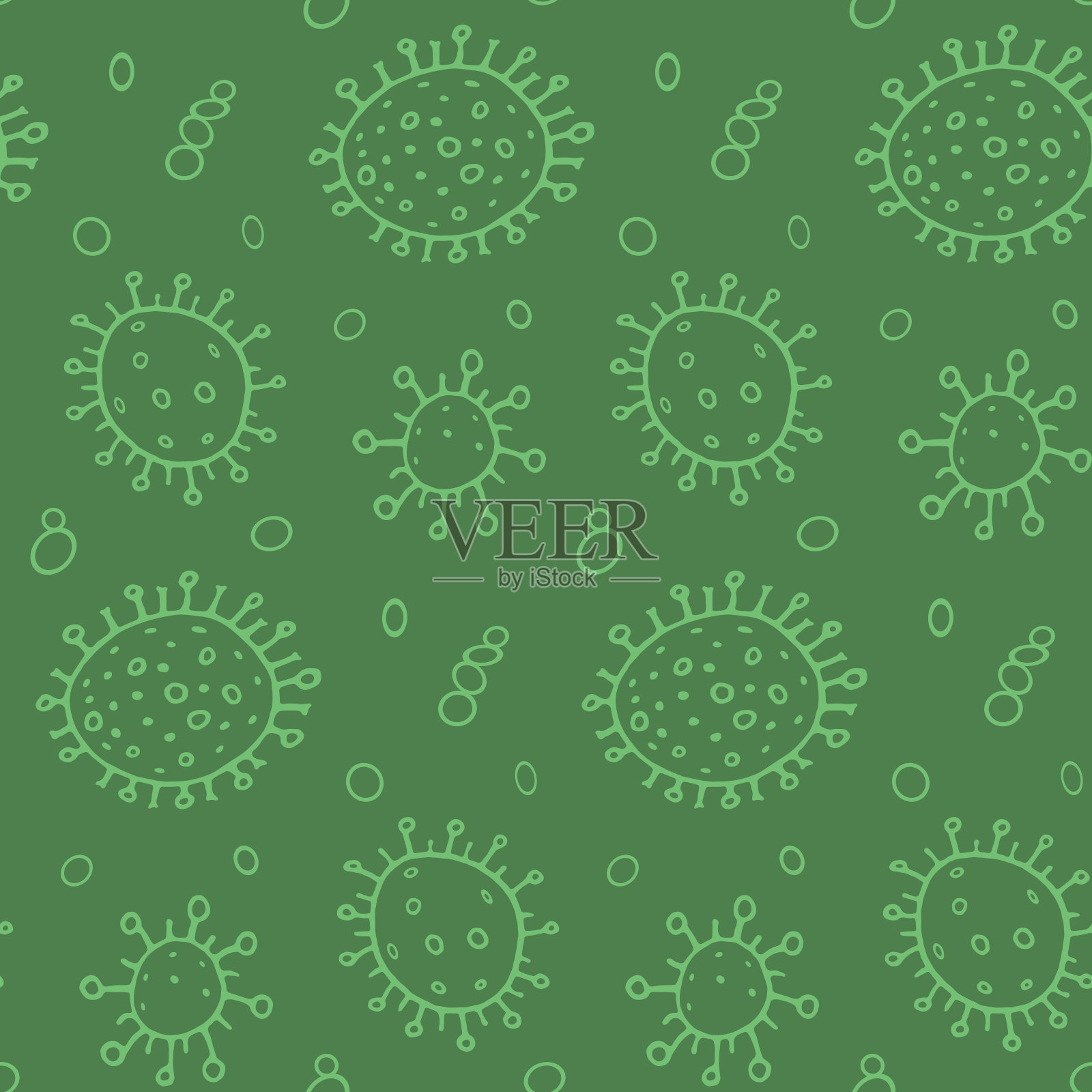 无缝模式细菌病毒载体插图。停止COVID-19。轮廓涂鸦颜色背景，纹理插画图片素材