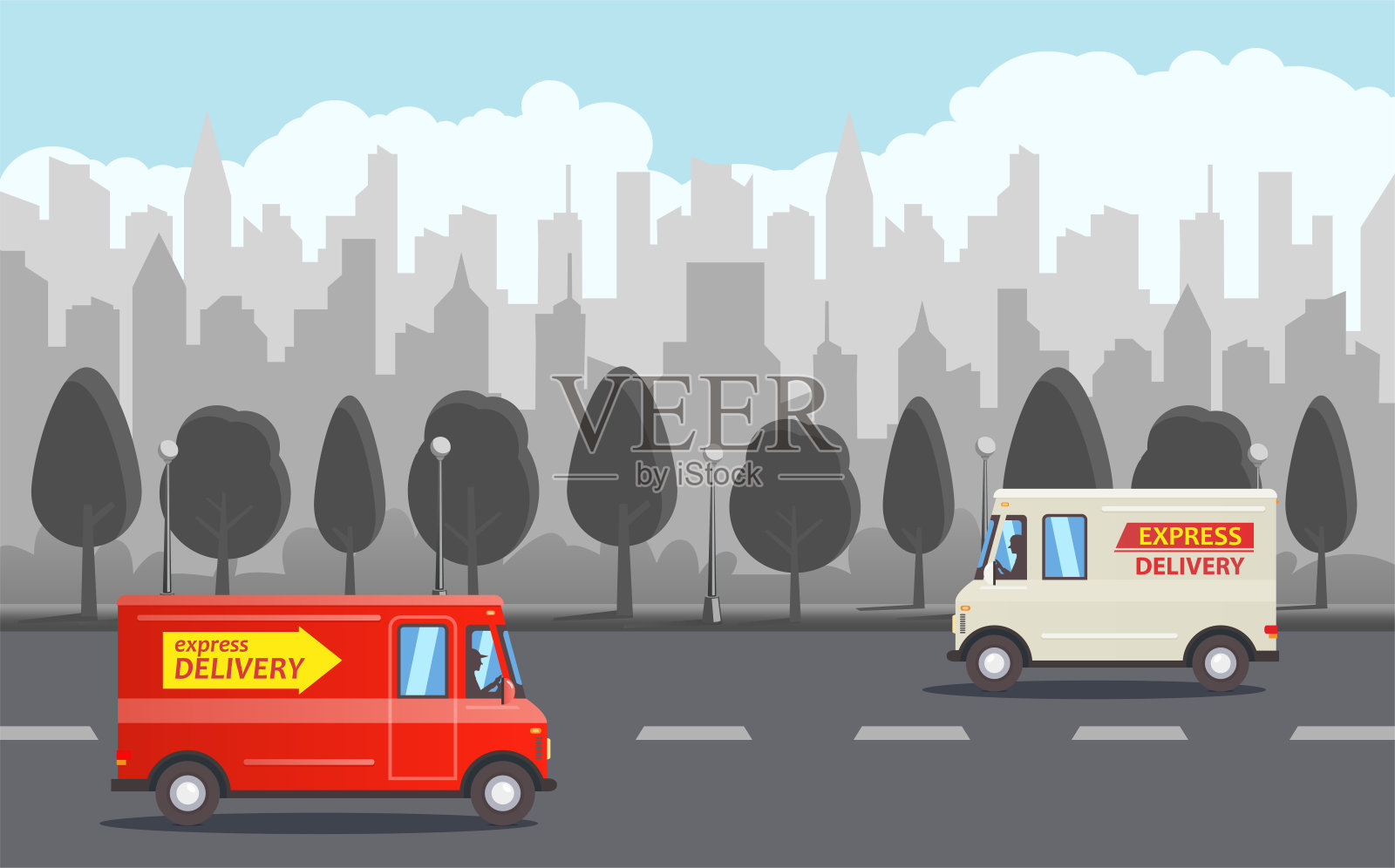 白色和红色的卡通货车，灰色的公园，黑暗的城市天际线为背景。插画图片素材