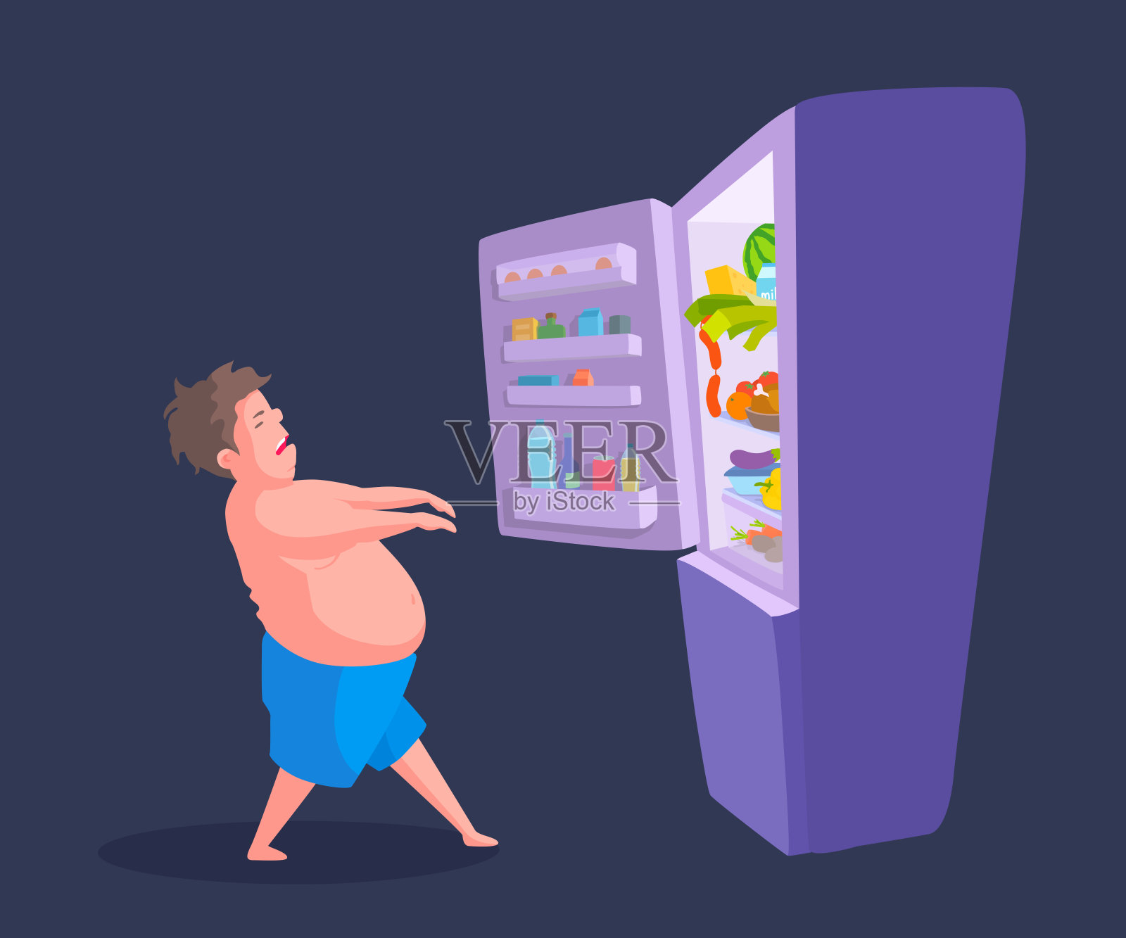 一个穿着内衣的梦游者走向开着门的冰箱。插画图片素材