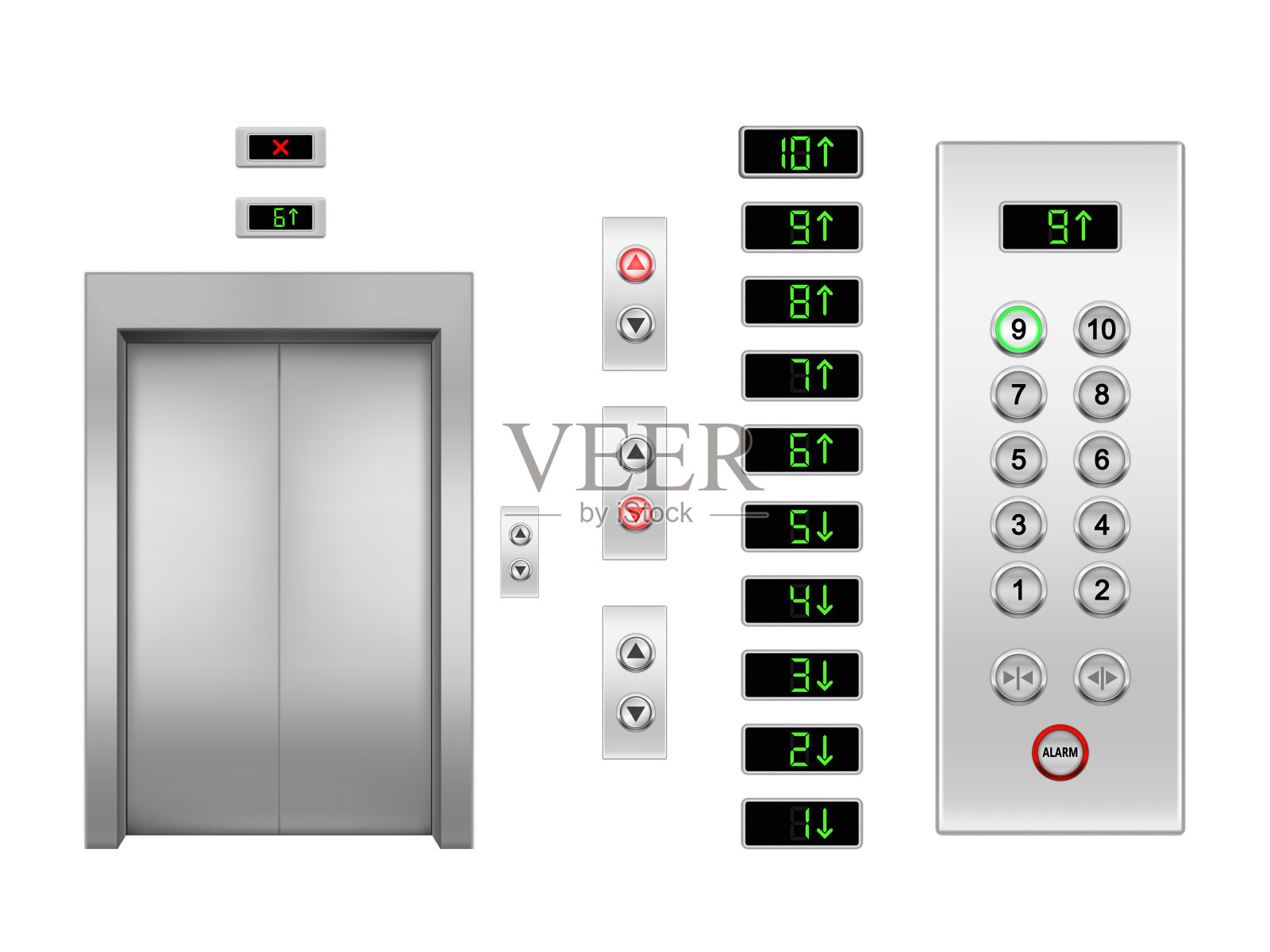 真实的矢量电梯门和按钮，向上和向下的箭头与楼层指示器。金属或钢关闭电梯门和面板与绿色和红色的灯，面板和显示。建筑室内闸门插画图片素材