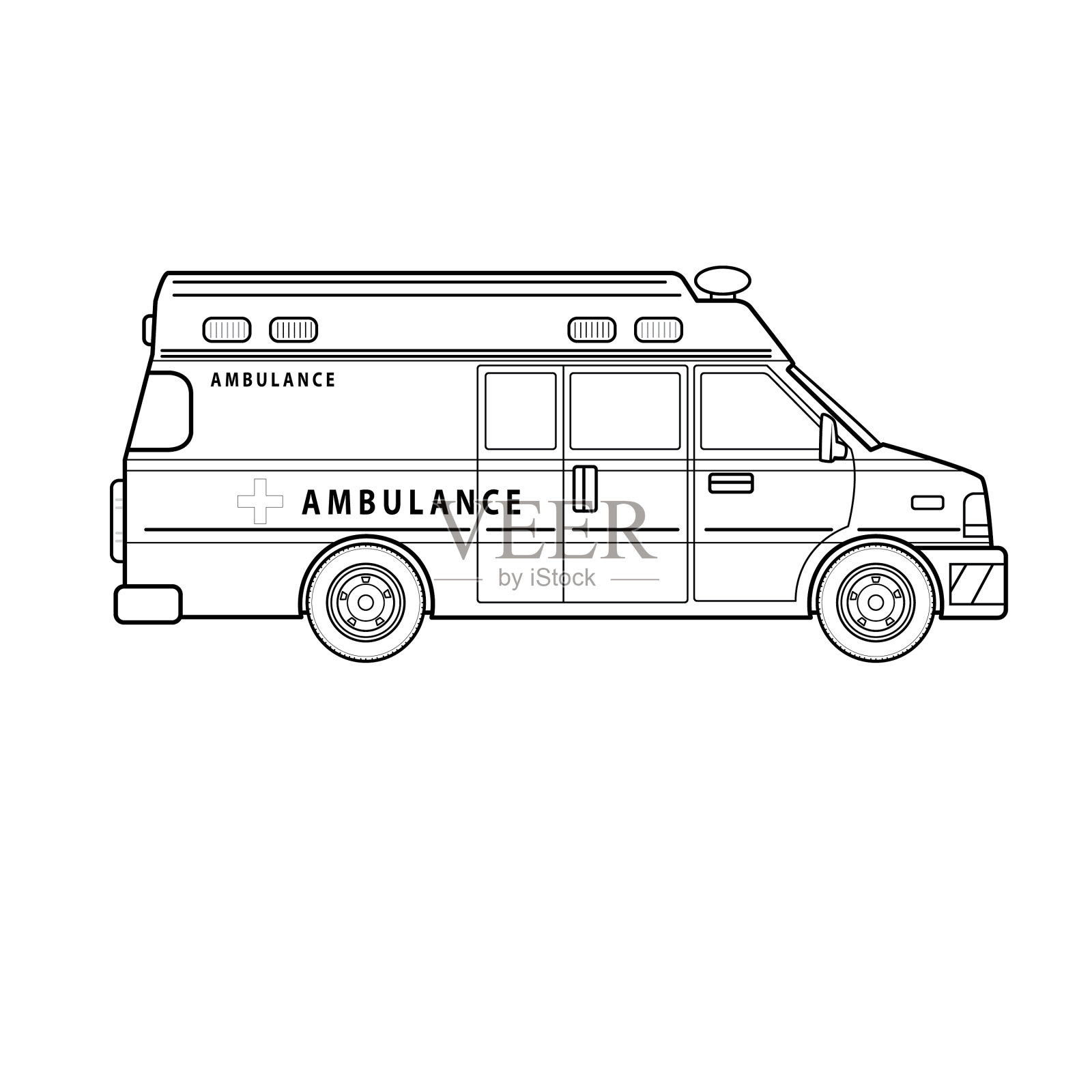 救护车的矢量插图隔离在白色背景上的儿童着色活动工作表/工作簿。插画图片素材