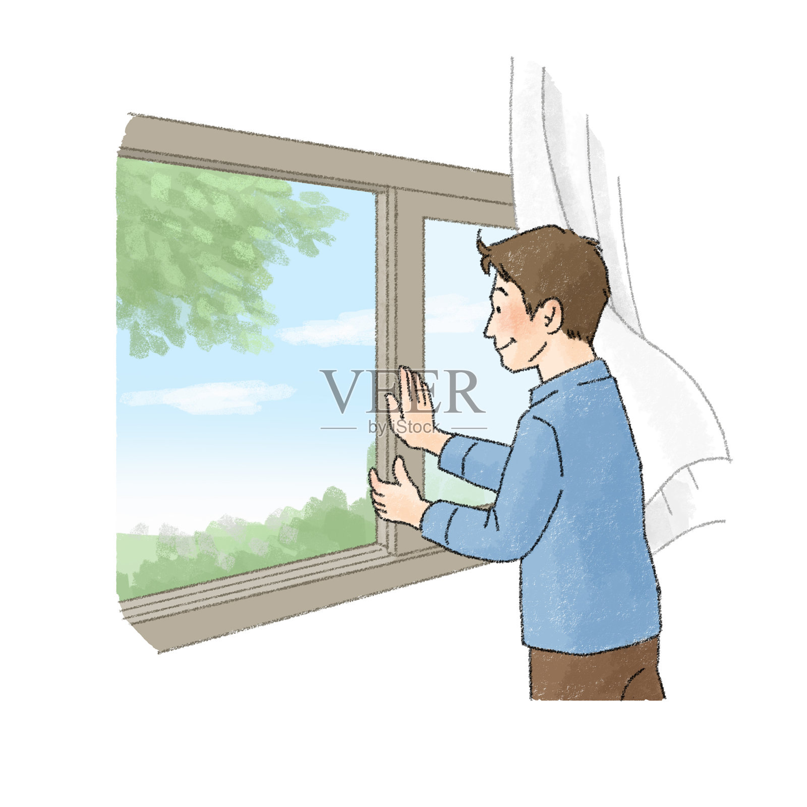 一个人打开窗户通风的插图(人)插画图片素材