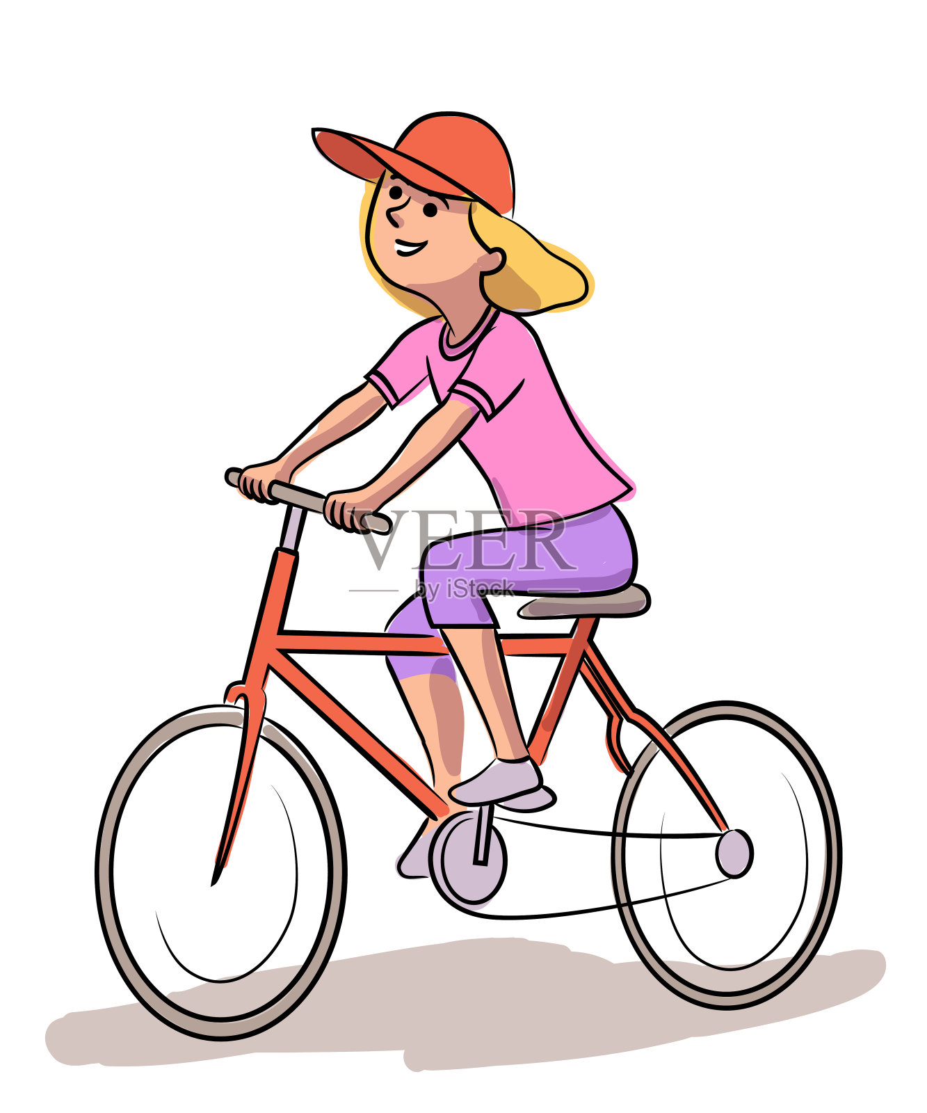 女孩骑自行车平面矢量插图。年轻女子在自行车卡通人物。环境友好、生态清洁的个人交通工具。健康生活，保护自然。设计元素图片