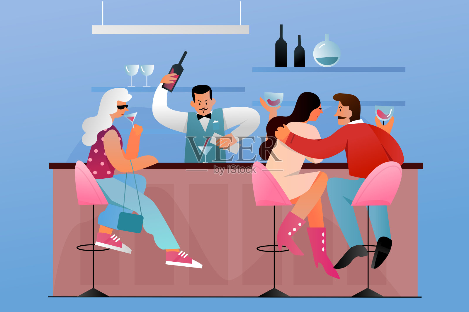 人们坐在酒吧附近的柜台与调酒师扁平人物矢量插图的概念插画图片素材
