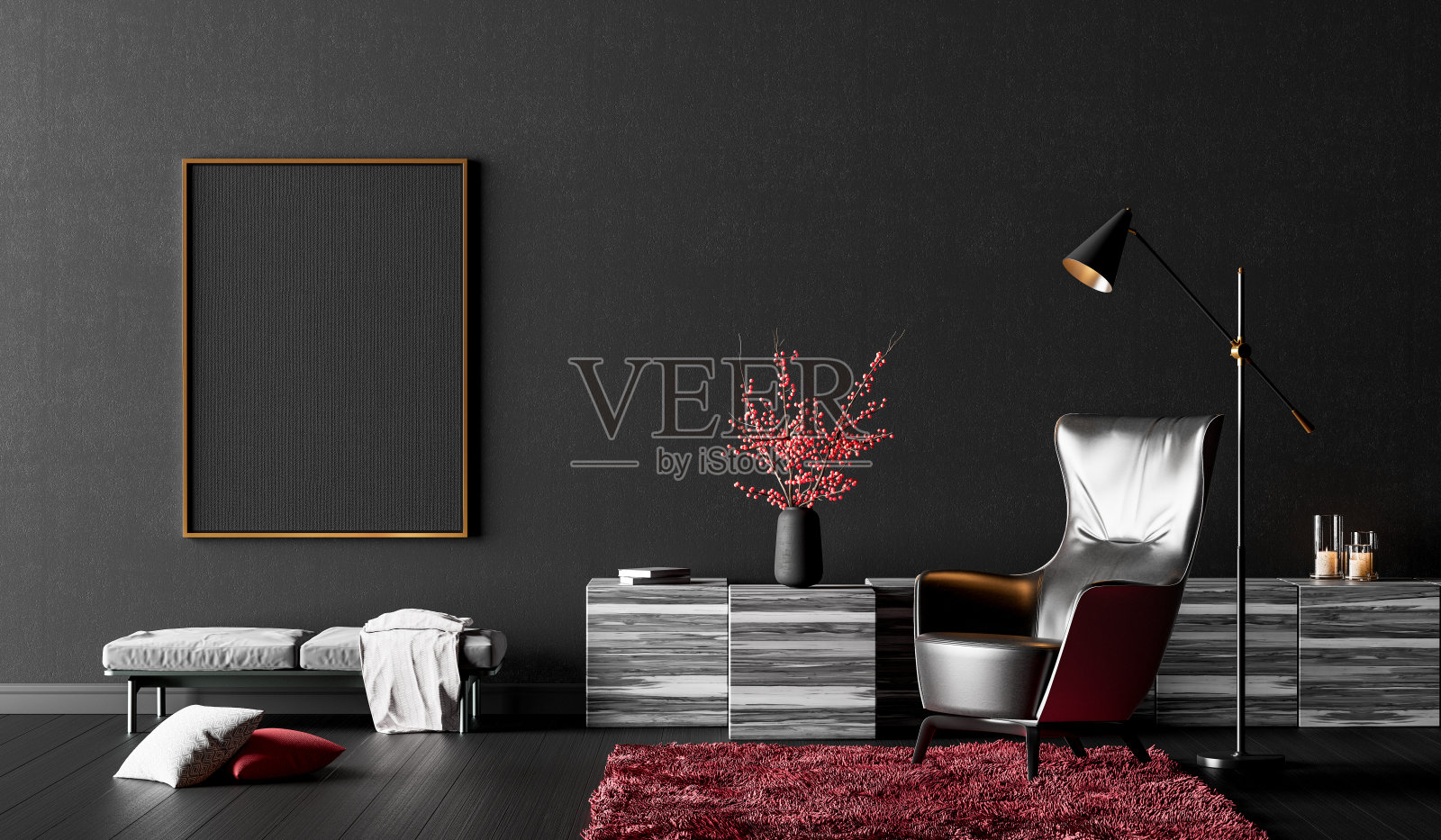 黑色客厅的现代室内设计，3d渲染照片摄影图片