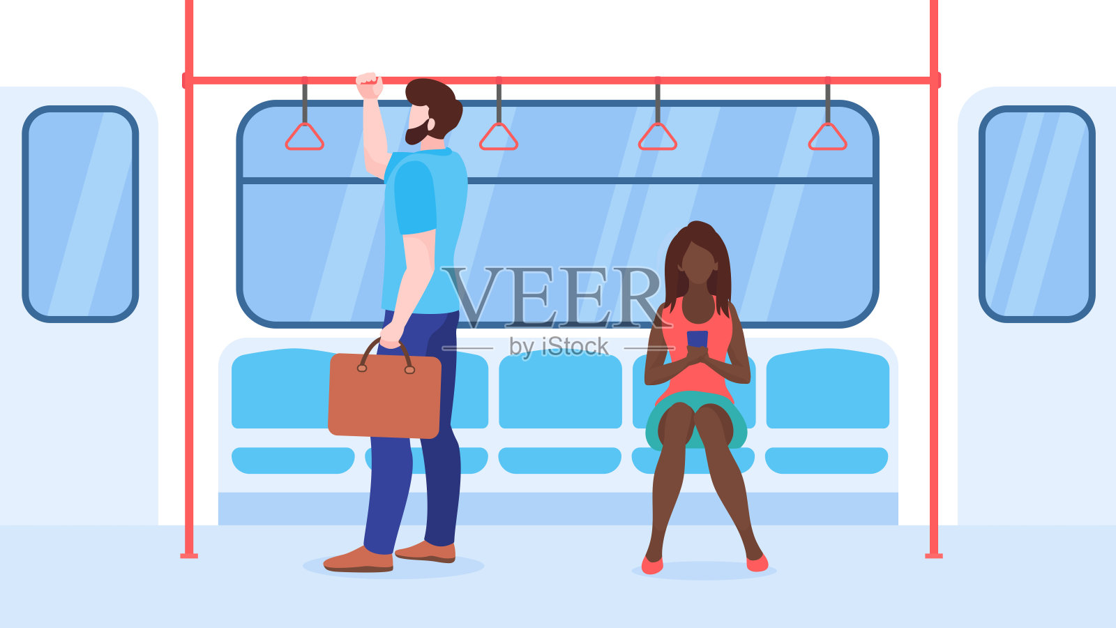 人在公共交通平面矢量插图。地铁、公交乘客、卡通人物。拿着公文包握着扶手的男人。年轻女子用智能手机。城市旅行意味着概念。插画图片素材