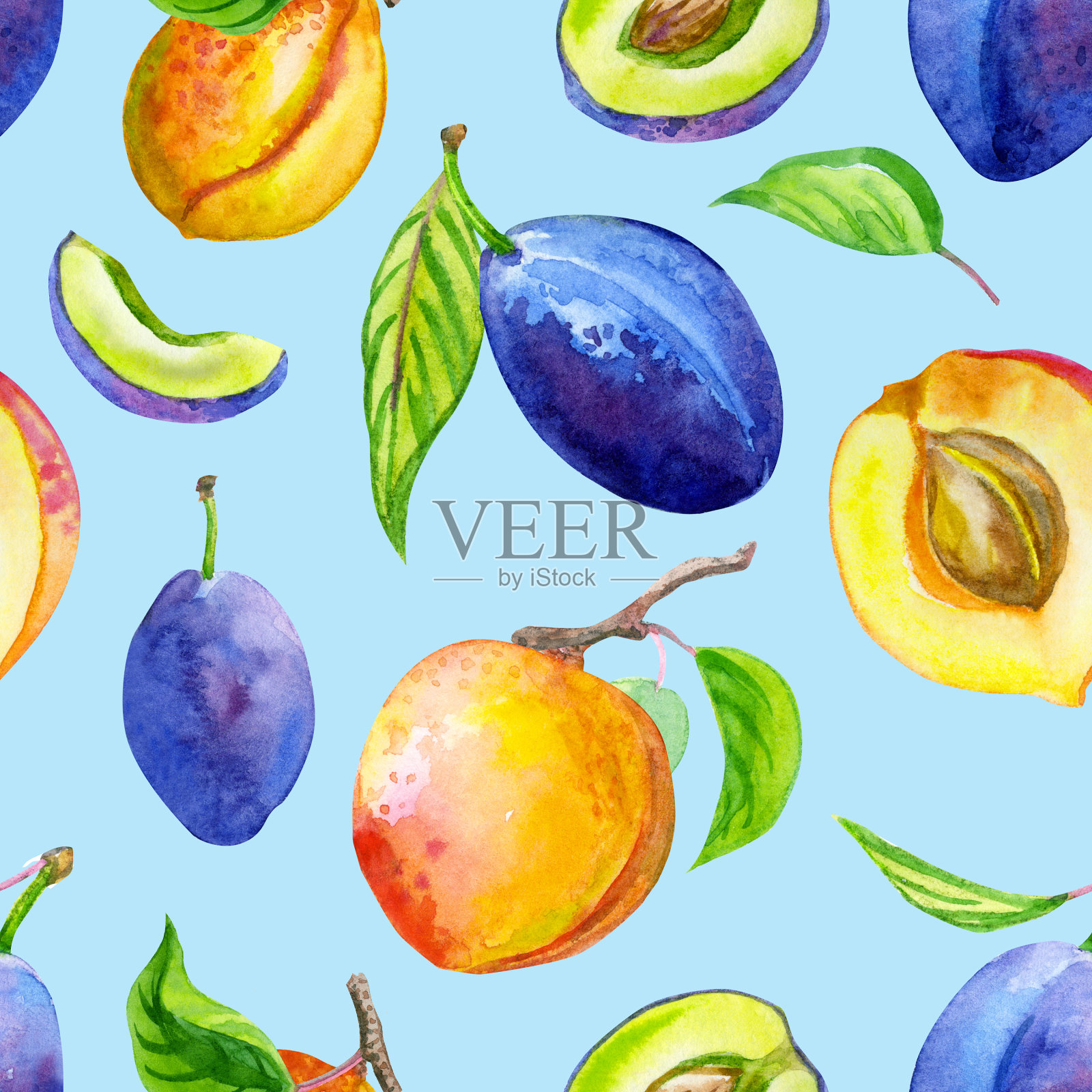 水果无缝模式:李子和杏在一个蓝色的背景插画图片素材