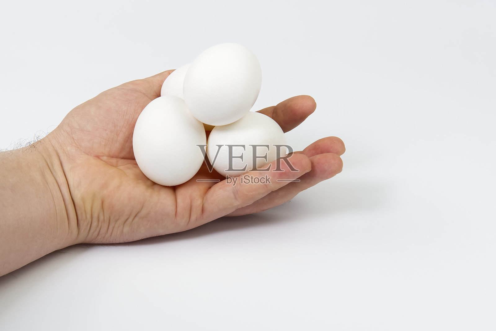 男人用鸡的手把白色的鸡蛋孤立起来，上面是白色的照片摄影图片