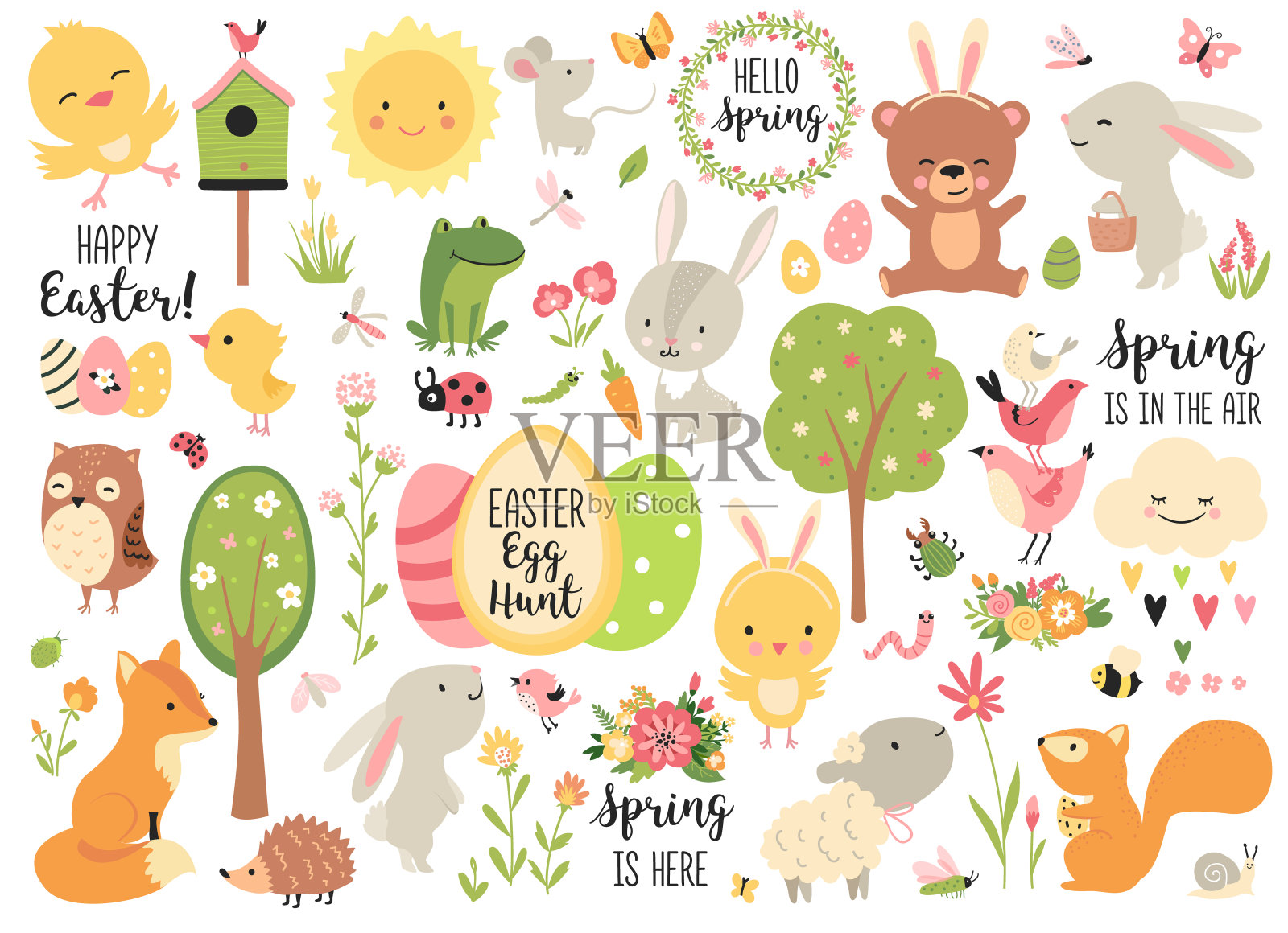 春季和复活节收集可爱的动物，插画图片素材
