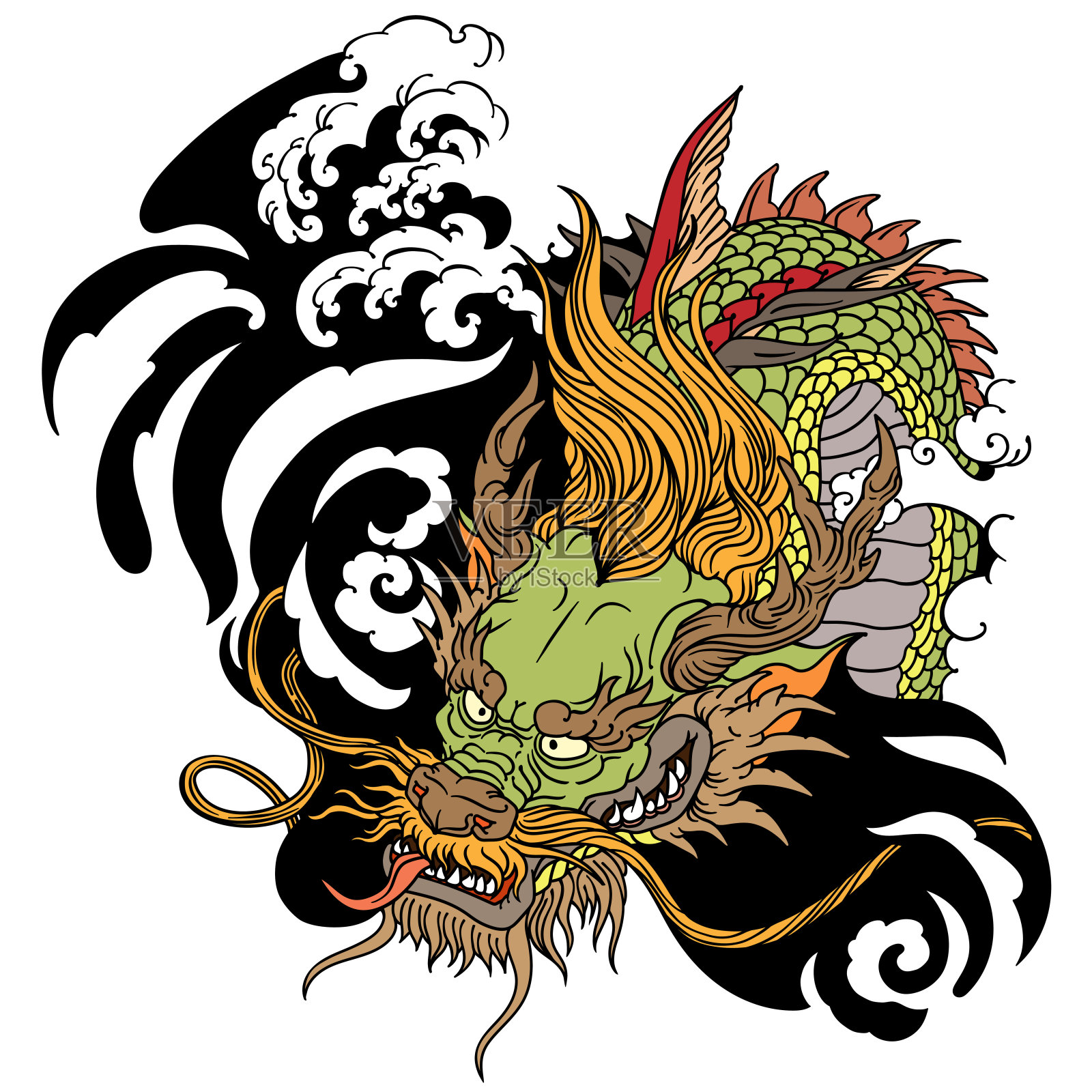 亚洲龙纹身的头部插画图片素材