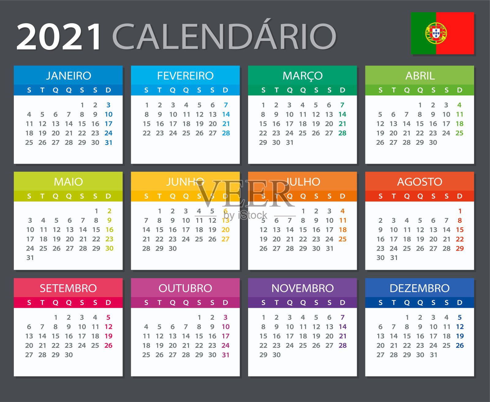 2021年日历葡萄牙-矢量插图。葡萄牙语版本设计模板素材