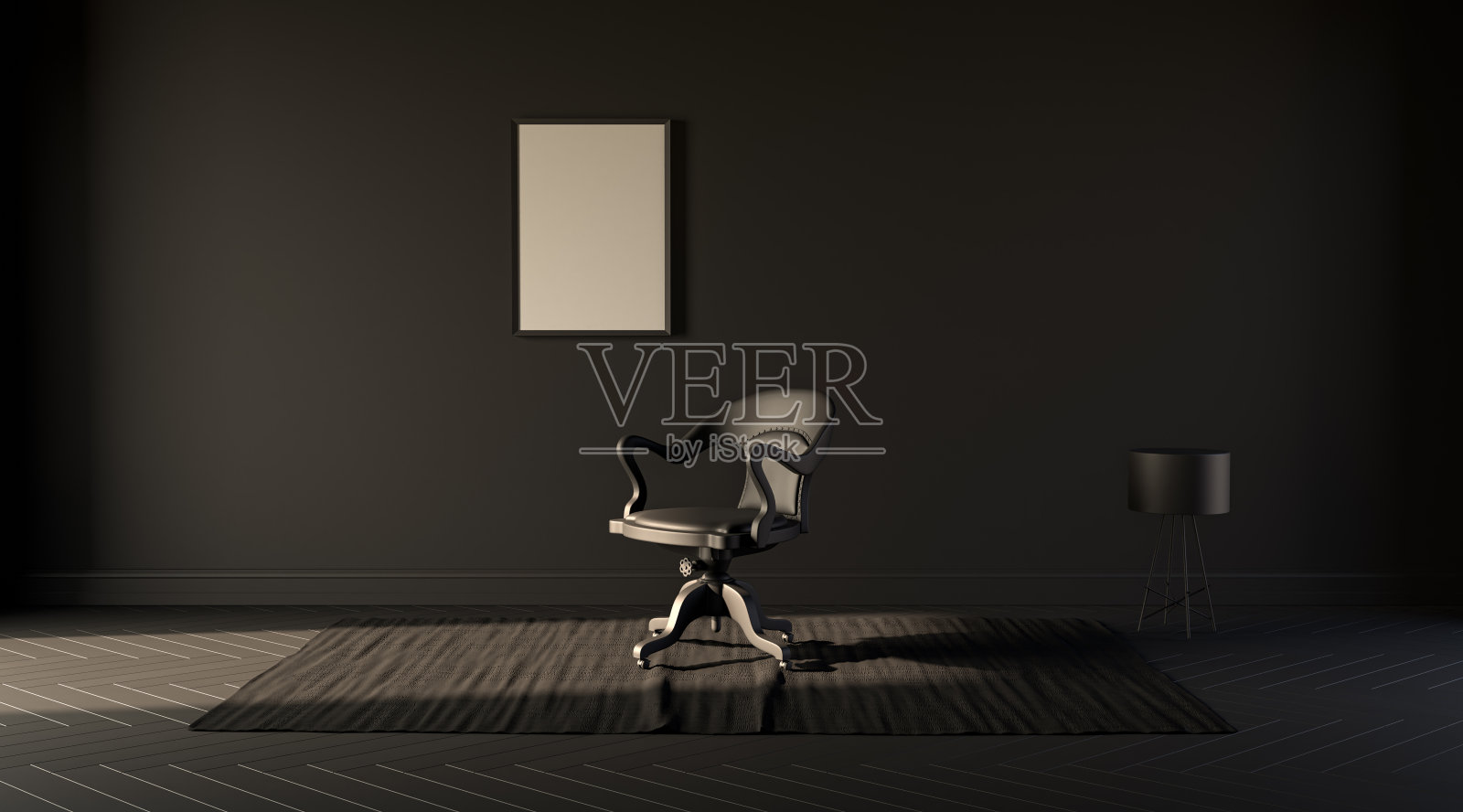 暗室单椅单框，配有落地灯和地毯。黑色背景。三维渲染照片摄影图片