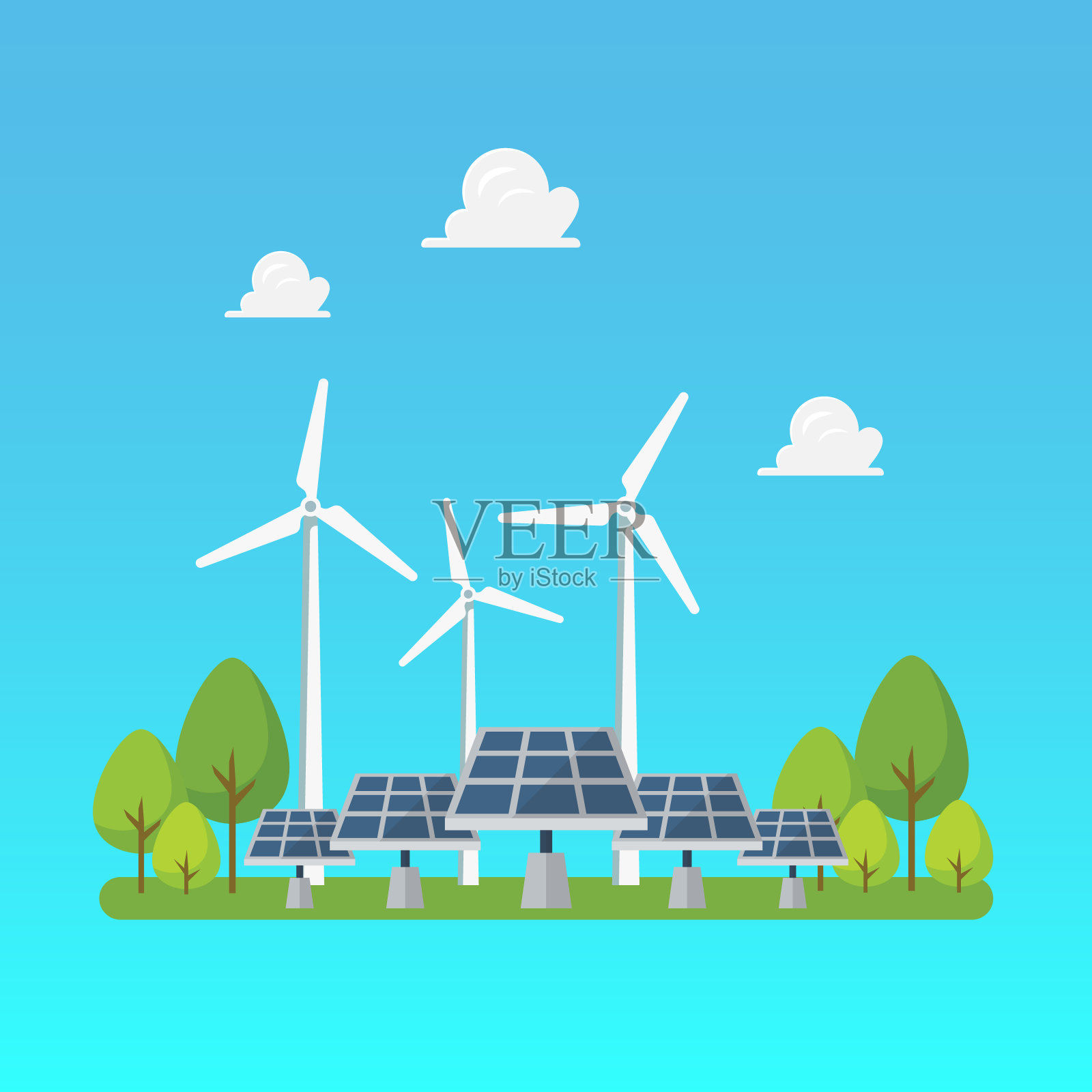 绿色能源风车和太阳能电池板设计元素图片