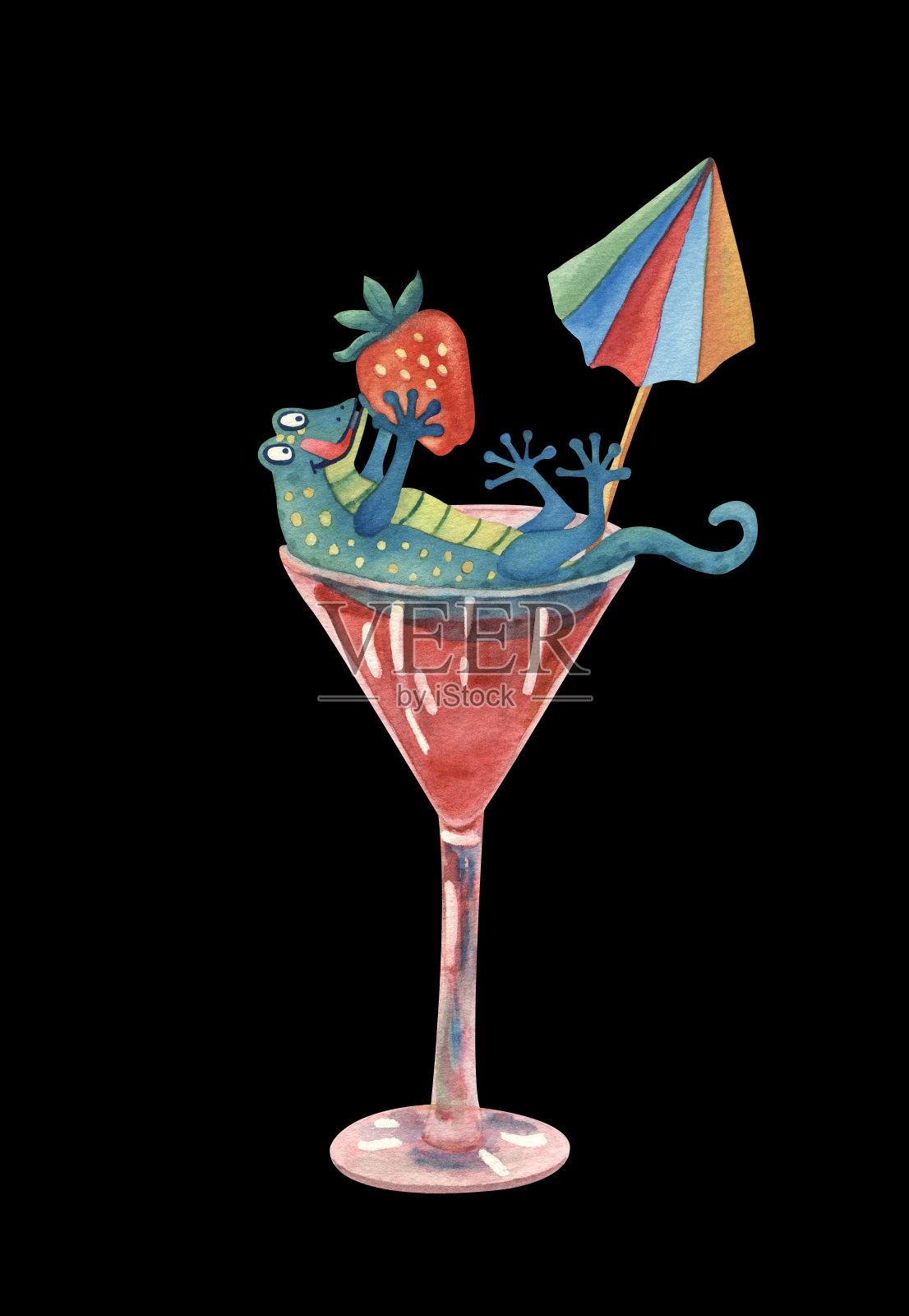 水彩壁虎，鸡尾酒杯和草莓。插画图片素材