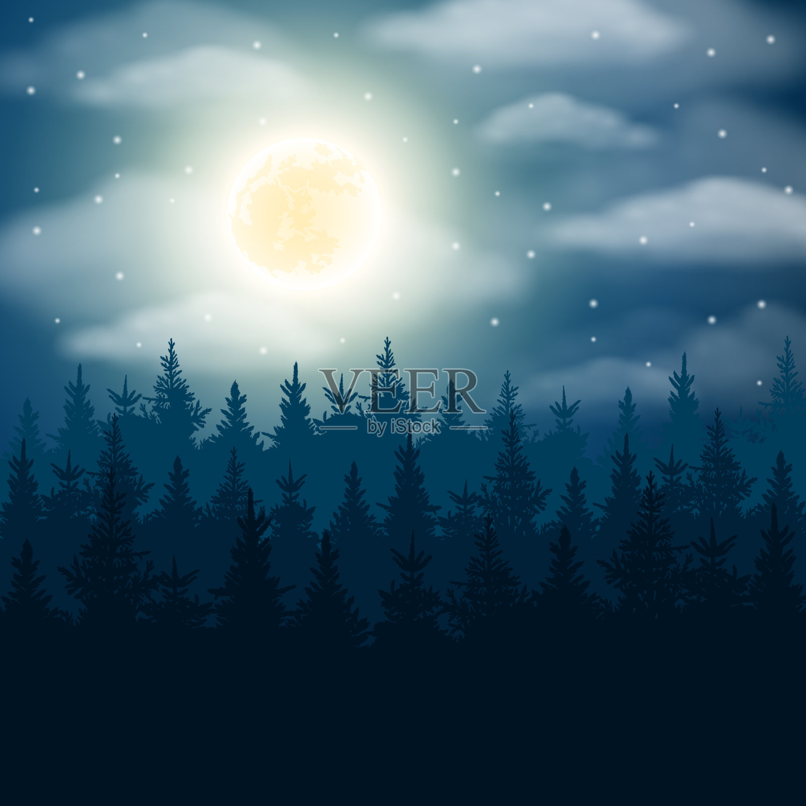 夜晚背景与树木，月亮，云彩和星星在深蓝色的天空。森林景观图插画图片素材