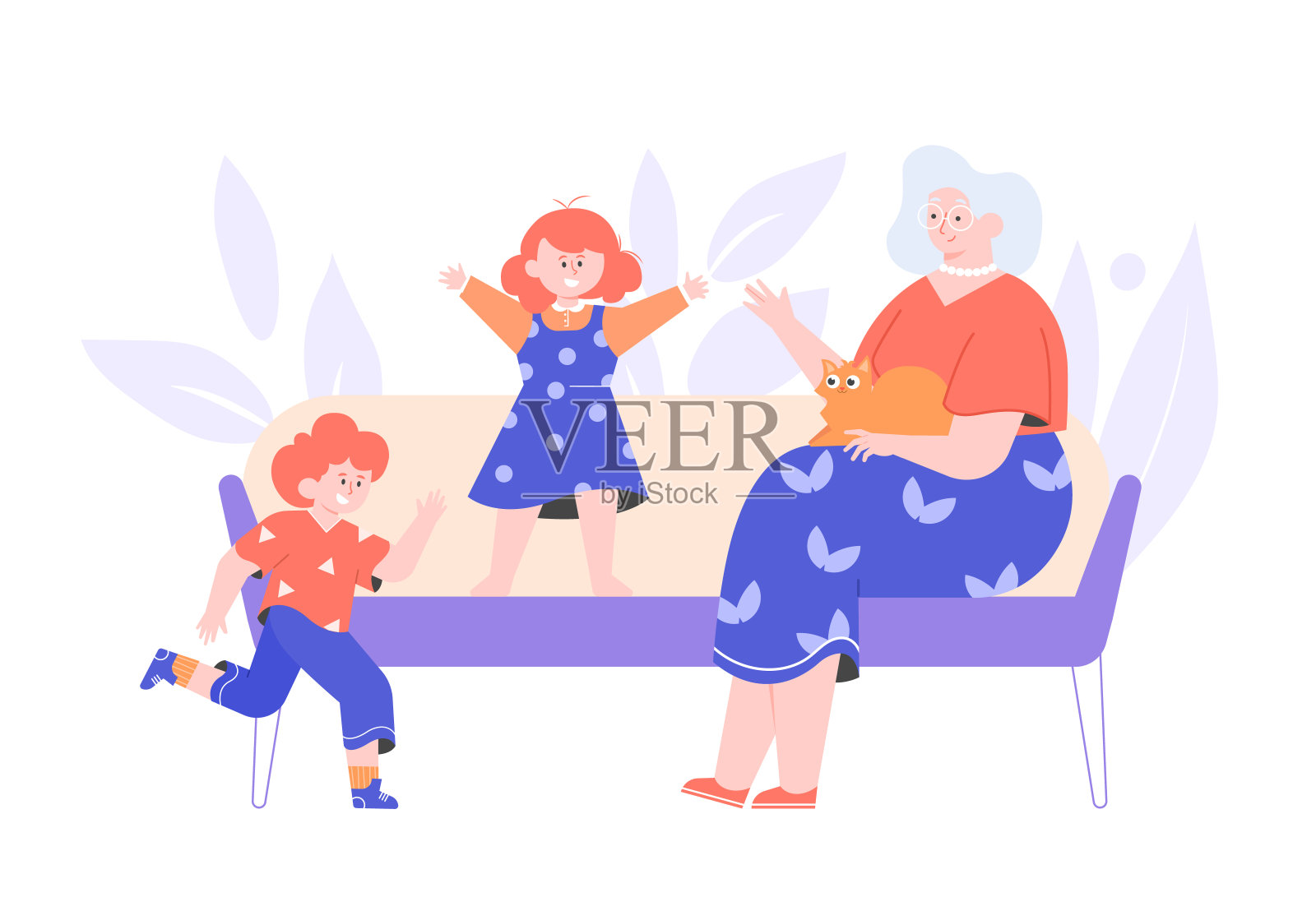 奶奶花时间和她的孙子们在一起。家庭的夜晚。保姆。一位上了年纪的女士正坐在沙发上。快乐的男孩和女孩在玩。矢量平面插图。插画图片素材