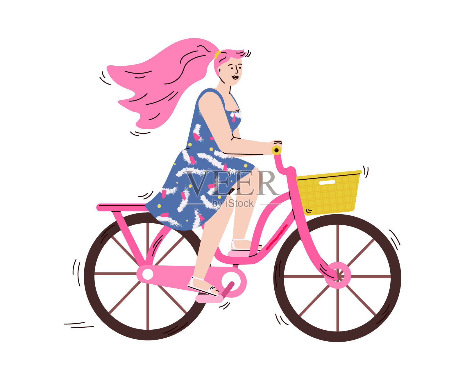 女子骑自行车与购物篮卡通矢量插图孤立。插画图片素材