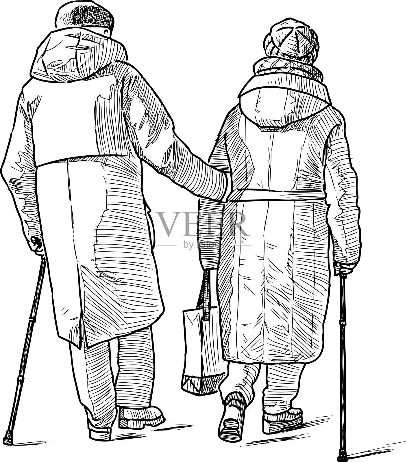 一对老夫妇拄着拐杖走在街上的素描插画图片素材