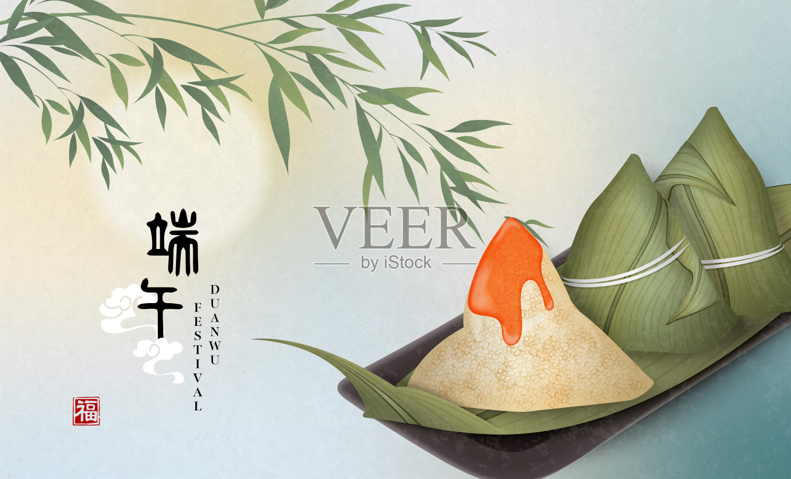 端午节快乐的背景模板传统食物粽子和竹叶。中文翻译:端午和祝福插画图片素材