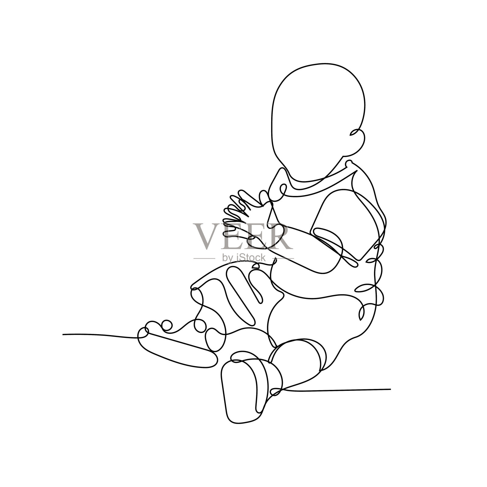 矢量插图。连续画线拍小婴儿坐在地板上。可爱的孩子一行素描在白色的背景。概念贺卡，横幅，海报，传单插画图片素材