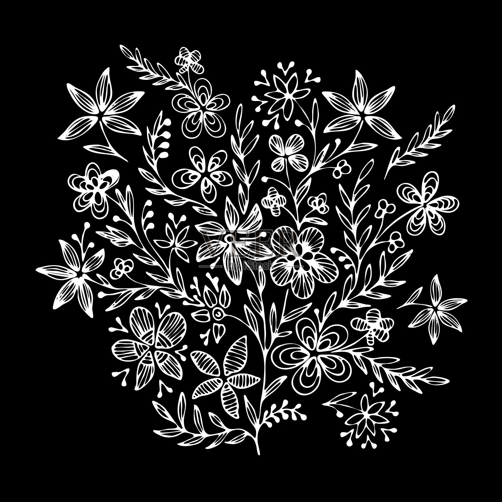 黑白涂鸦花卉矢量设计元素。插画图片素材