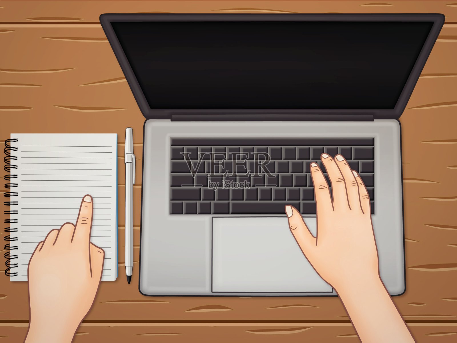 一个人把他的手放在笔记本电脑上，指着笔记本写着，在家里工作插画图片素材