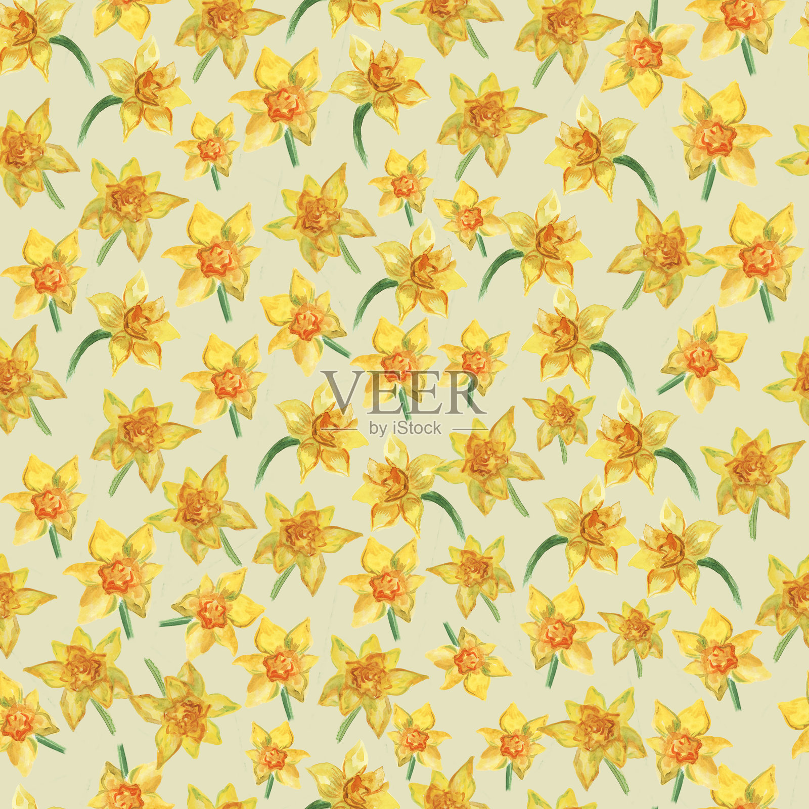 水彩无缝模式的黄色水仙花在黄色的背景。插画图片素材